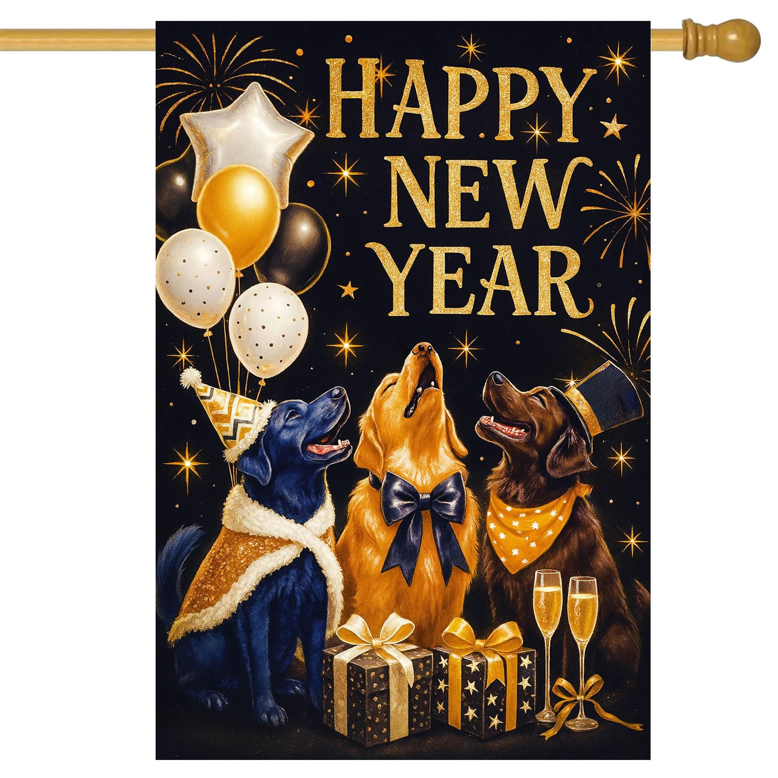 Drapeau de maison Happy New Year 71x101 cm avec chiens et ballons