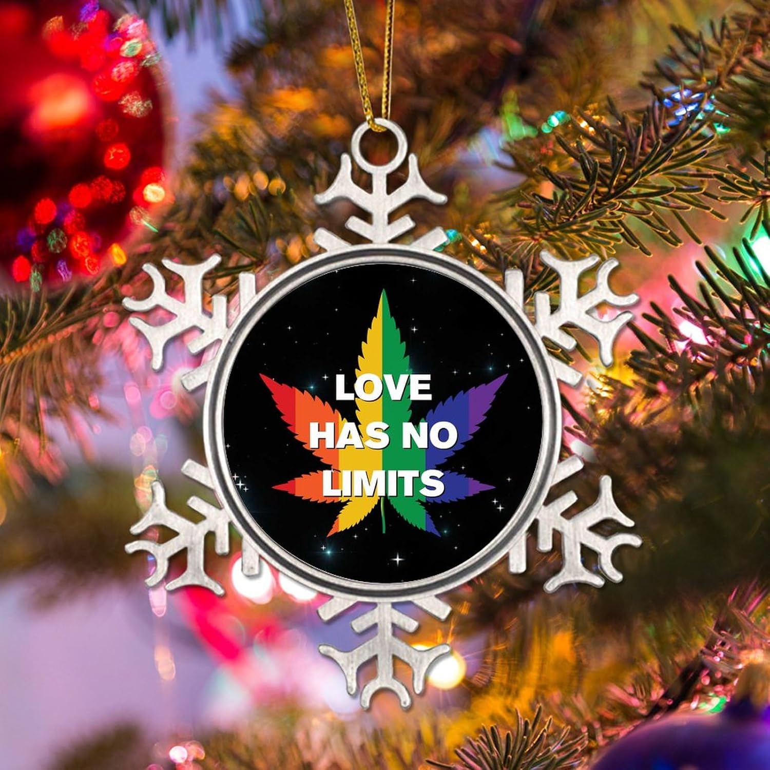 Metal Xmas Tree Ornament Love Has No Limits Ornament Pride Parade LGBT Snowflake Metal Ornaments Hanging Pendant for Xmas Tree Celebrate June Gay Lesbian Pride Xmas Tree Decorations