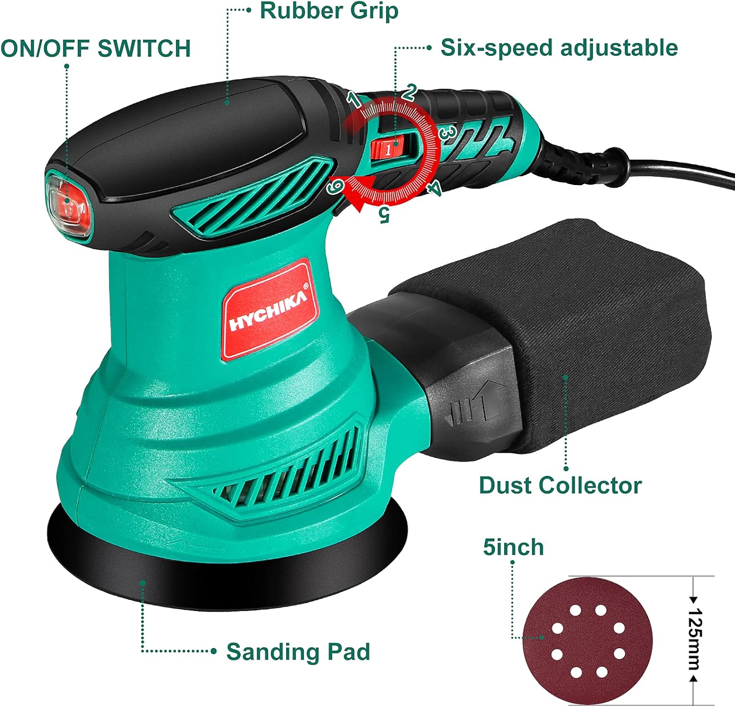 2.5 Amp Random Orbital Sander, HYCHIKA 5-Inch Electric Orbital Sander with 6 Various Speeds, 13000RPM Power Sander with 12 Pcs Sandpapers, 1 Pcs Dust Bag, Fit for Woodworking/Sanding - - 