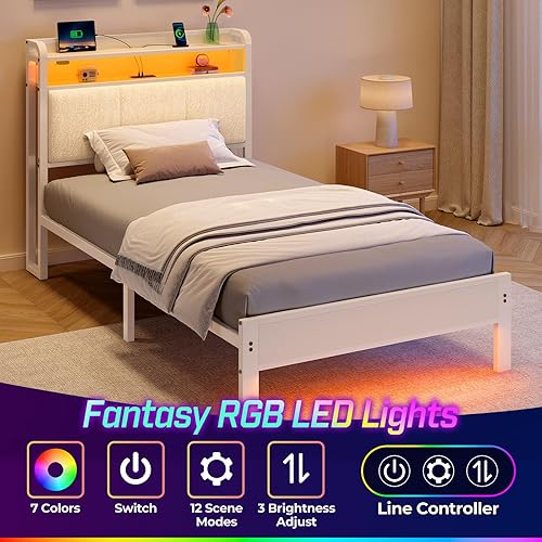 Miniatura 70 de Rolanstar Base de cama tamaño individual con estación de carga y luces LED, cabecera de piel sintética con estantes de almacenamiento, listones de