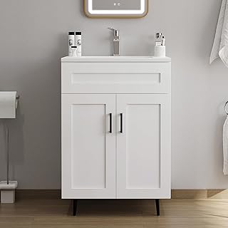 24 Inch Bathroom Vanity with Sink, Modern Wooden Freestanding Bathroom Storage Cabinet with 2 Doors and 1 Drawer, Metal Legs, Painted Surface, White