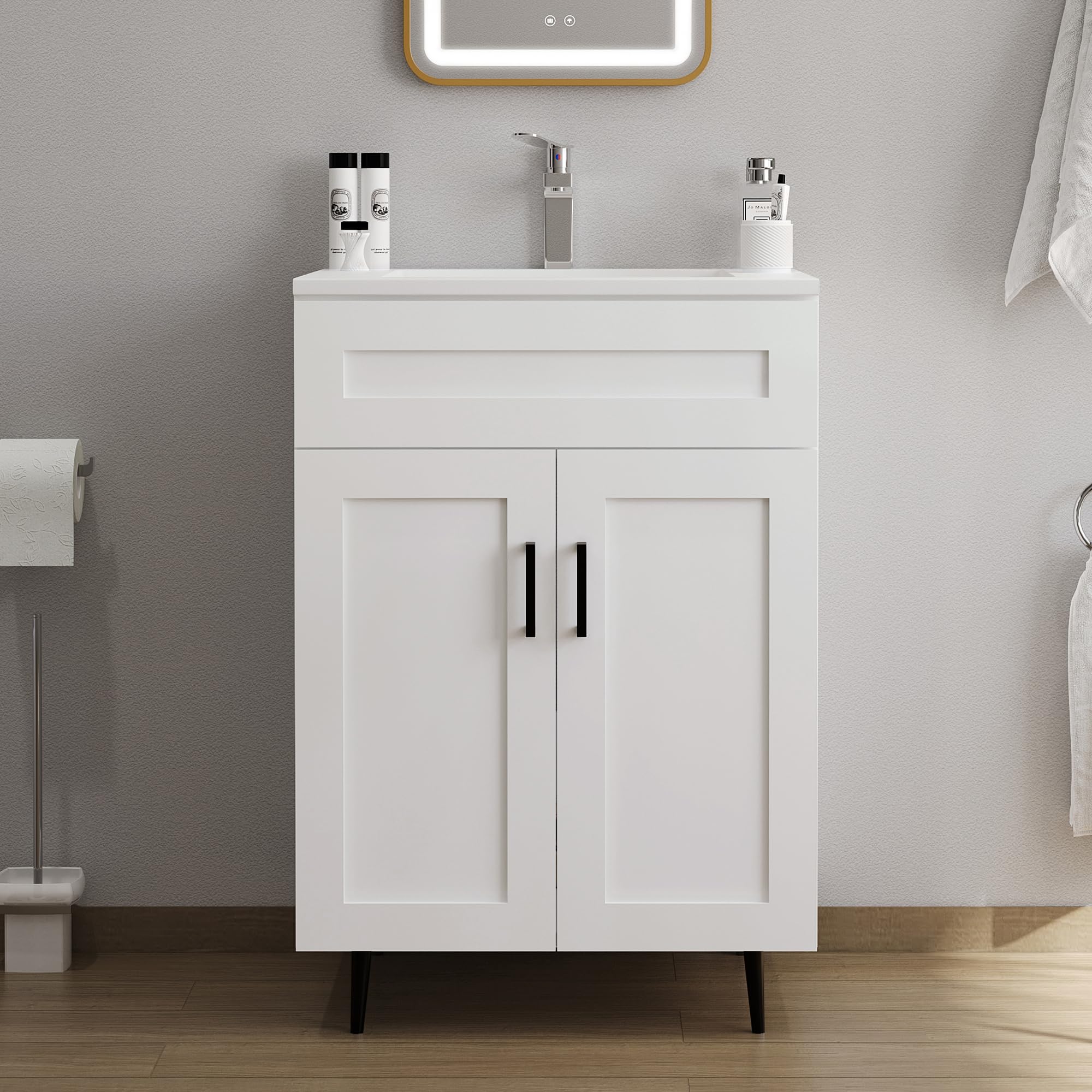 Chyanmoo 24 Inch Bathroom Vanity with Sink, Modern Wooden Freestanding Bathroom Storage Cabinet with 2 Doors and 1 Drawer, Metal Legs, Painted Surface