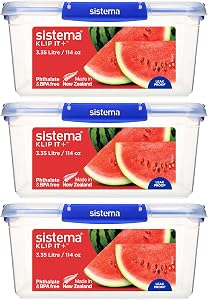 Sistema KLIP IT PLUS Food Storage Containers, 3.35 L, Leak-Proof, Stackable & Airtight Fridge/Freezer Containers with Lids, BPA-Free Plastic, Blue Clips, 3 Count