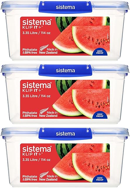 Sistema KLIP IT PLUS Food Storage Containers | 3.35 L | Leak-Proof, Stackable & Airtight Fridge/Freezer Containers with Lids | BPA-Free Plastic | Recyclable with TerraCycle® | Blue Clips | 3 Count