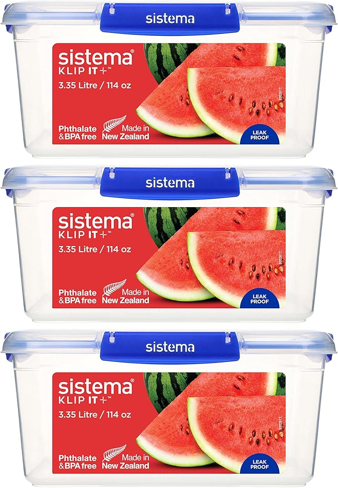 Sistema KLIP IT PLUS Frischhaltedosen Set | 3,35 l | auslaufsichere, stapelbare und luftdichte Vorratsdosen mit Deckel | geeignet für Kühl-/Gefrierschrank | Brotdose schule | 3 Stück