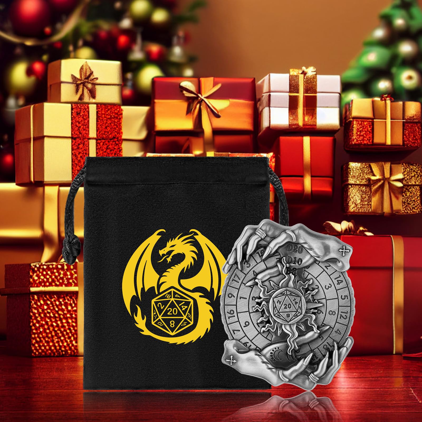 Mano Magica DND Ruota Dadi Spinner, 7-in-1 Metallici Spinner di Dadi, Roulette Mano Magica, Regali D&D, Sacchetto Regalo con Logo Drago, Giochi di Ruolo, Accessori per Giochi da Tavolo, Argento Scuro