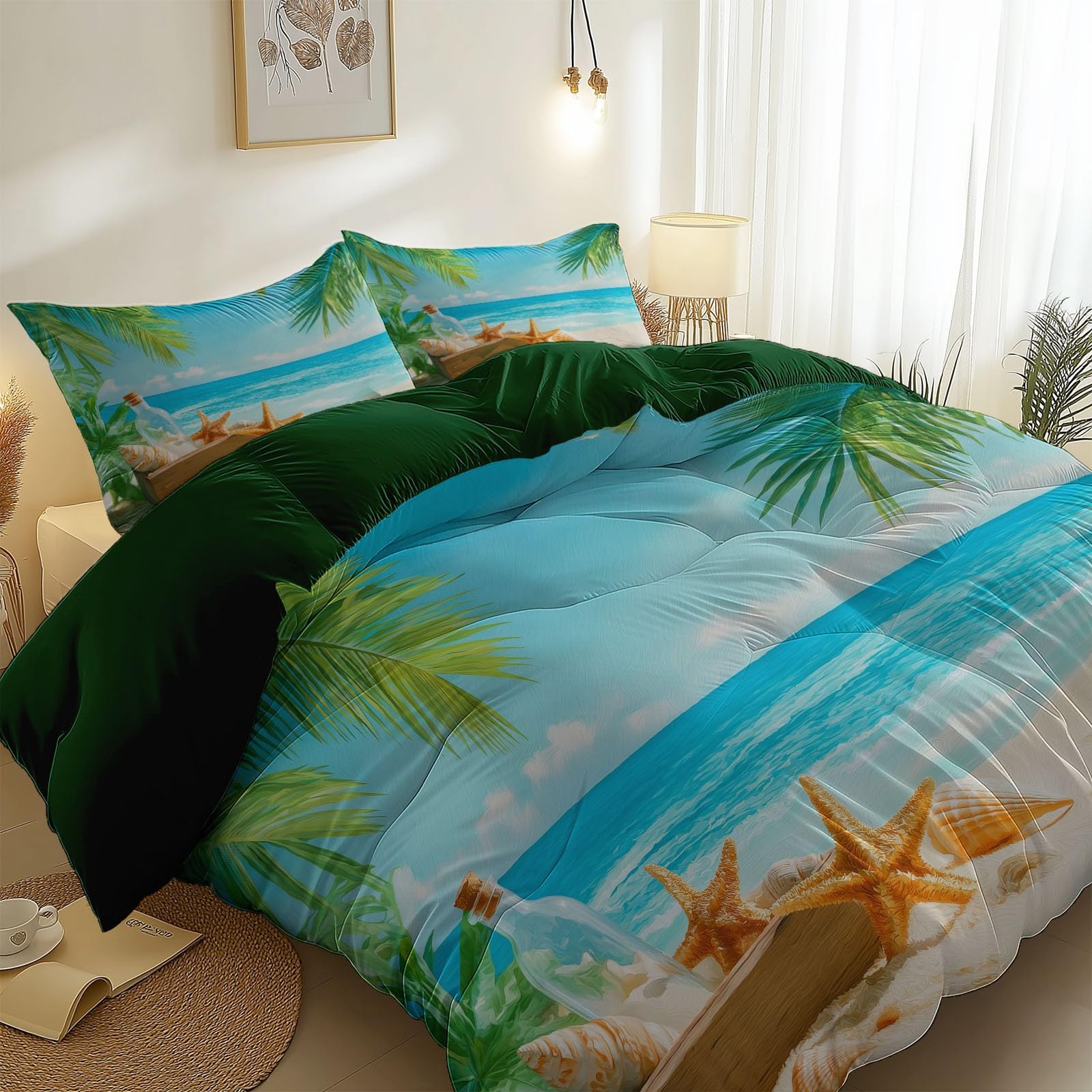 Komplet pościeli z motywem natury, plaża, niebo, zielona, zestaw pościeli z mikrofibry, dla nastolatków, dziewczynek, do pokoju, 240 x 260 cm, poszewka na kołdrę z zamkiem błyskawicznym