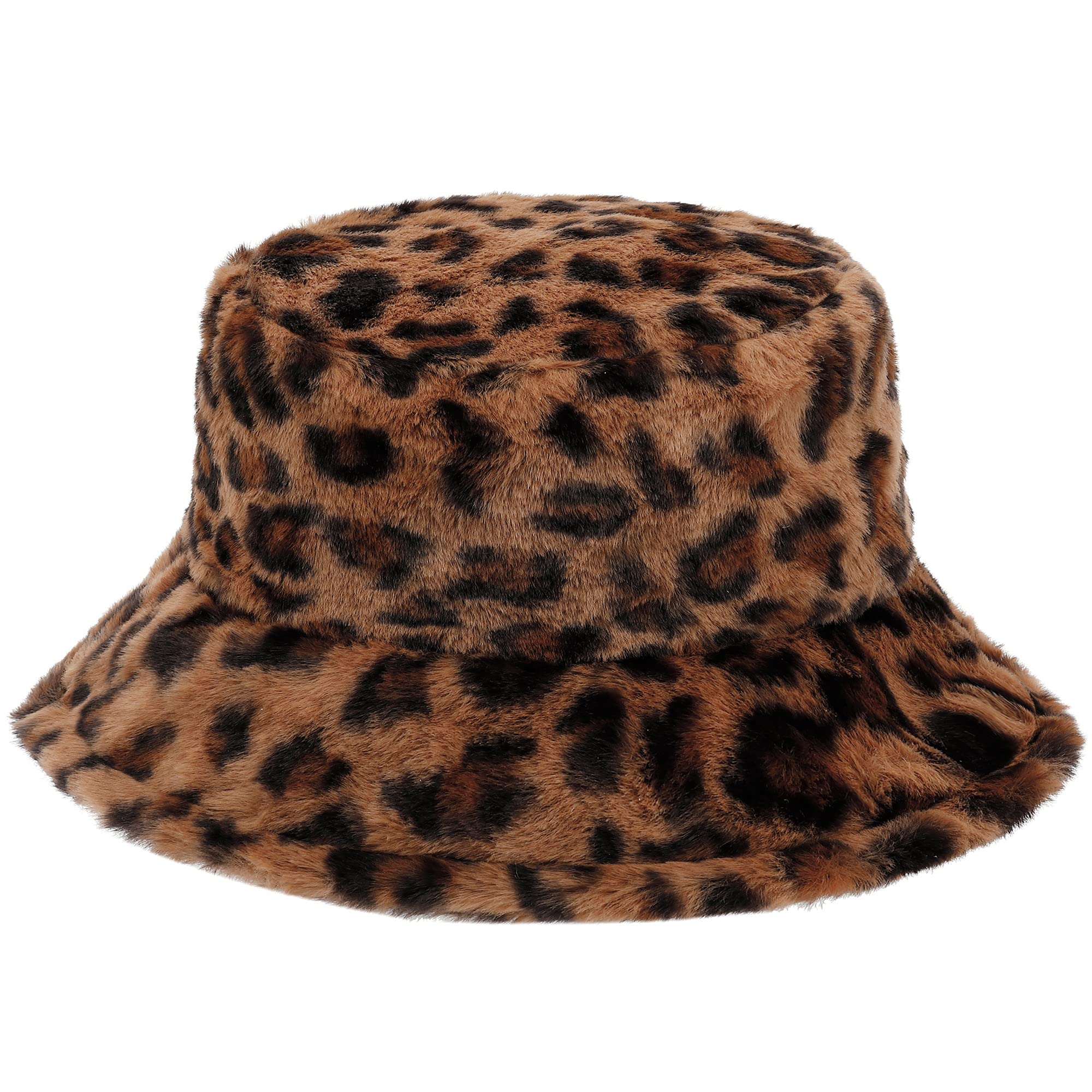 Mimfutu Winter Fluffy Bucket Hat for Women Men, Warm Fuzzy Furry Bucket Hats (Leopard Brown)