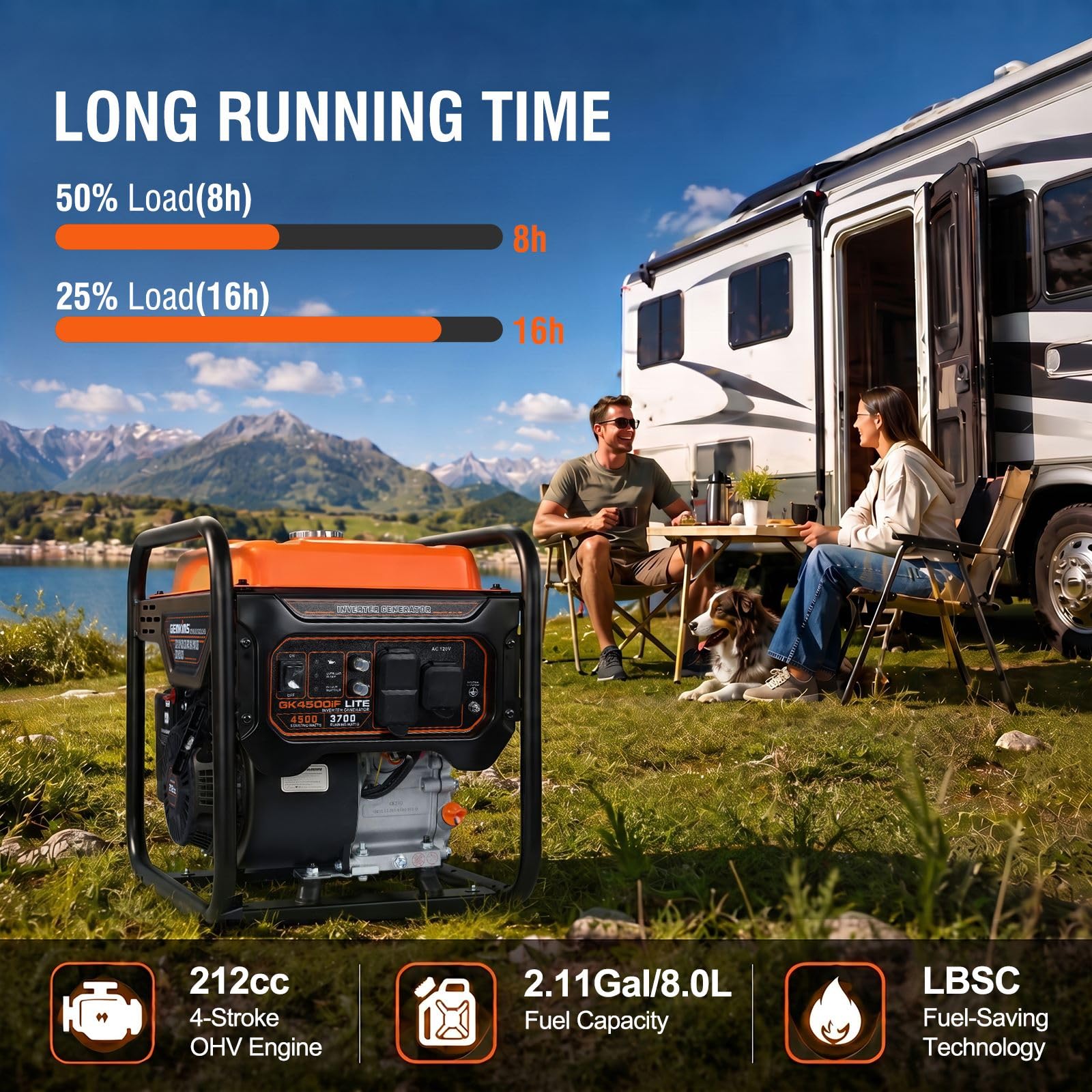 Genkins Generador inversor de marco abierto de 4500 W, 30 A, onda sinusoidal pura, reducción de ruido 50% 55 libras, compatible con EPA 223CC con motor de gas