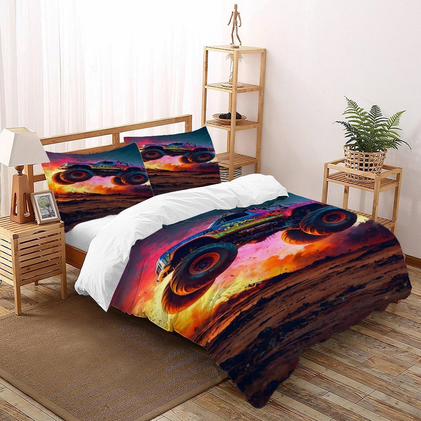 Housse de couette Monster Truck flamme 3 pièces lit adulte grande taille 260x220