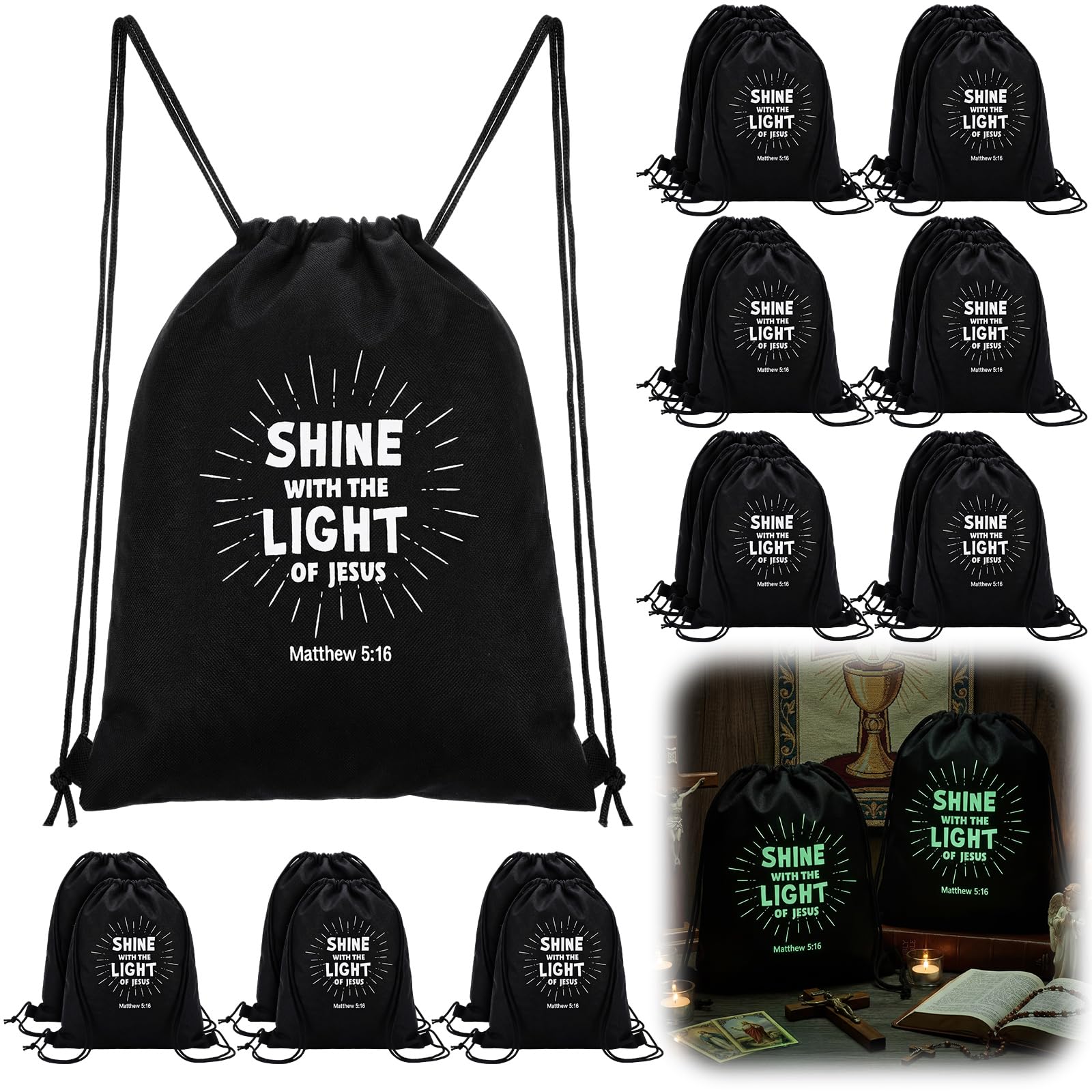 24 Pcs Shine with The Light of Jesus Drawstring Backpacks Bulk
