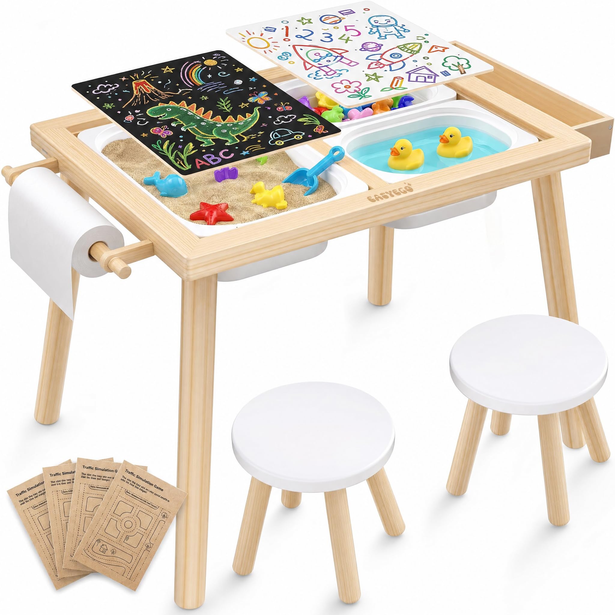 Easyego Sensory Table &amp; Chair Set – Multifunctional Sand &amp; Water Table with Double-Sided Lid, Paper Roll, Storage Box, Transparent &amp; Game Board, and Foldable Bins for Kids' Indoor &amp; Outdoor Play