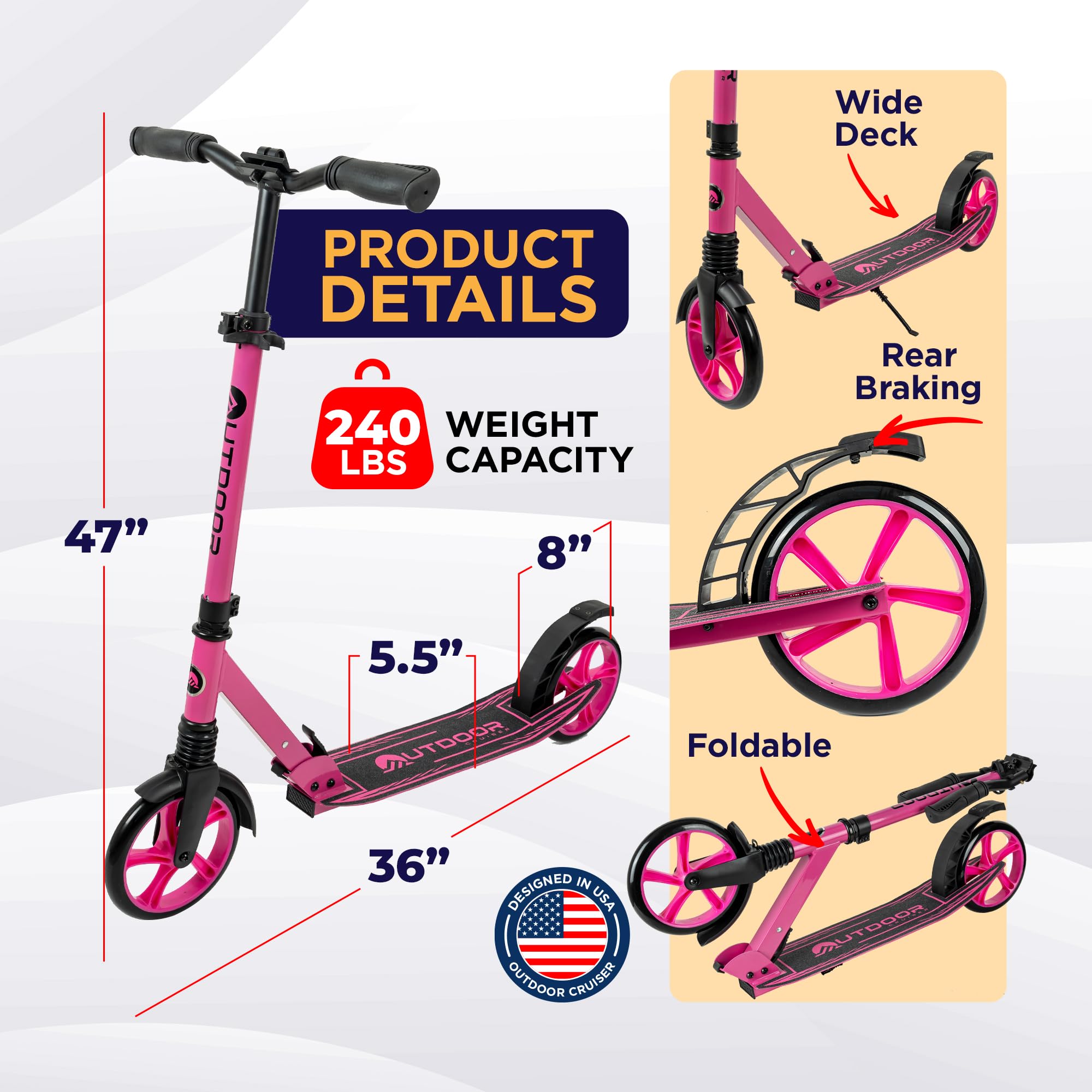 Outdoor Cruiser Kick Scooter for Ages 6+, for Kids, Teens, and Adults, Max Load 250 LBS, Foldable, 8-inch Wheels for Kids and Adults, Dual Suspension, 3 Adjustable Levels, Child Safety Approved, Pink