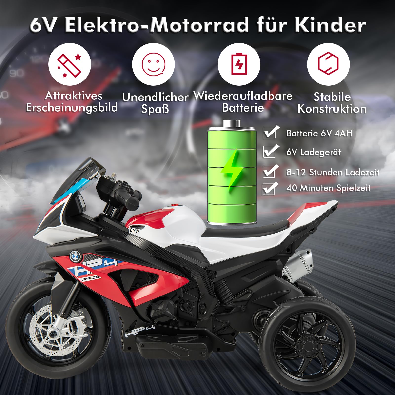 GOPLUS 6V BMW Kinder Elektromotorrad, Kindermotorrad mit Musik & Scheinwerfer für 3-8 Jahren, 3 km/h Kinderfahrzeug mit 3 Rädern & Fußpedal, Kinderdreirad bis 30 kg Belastbar (Rot)