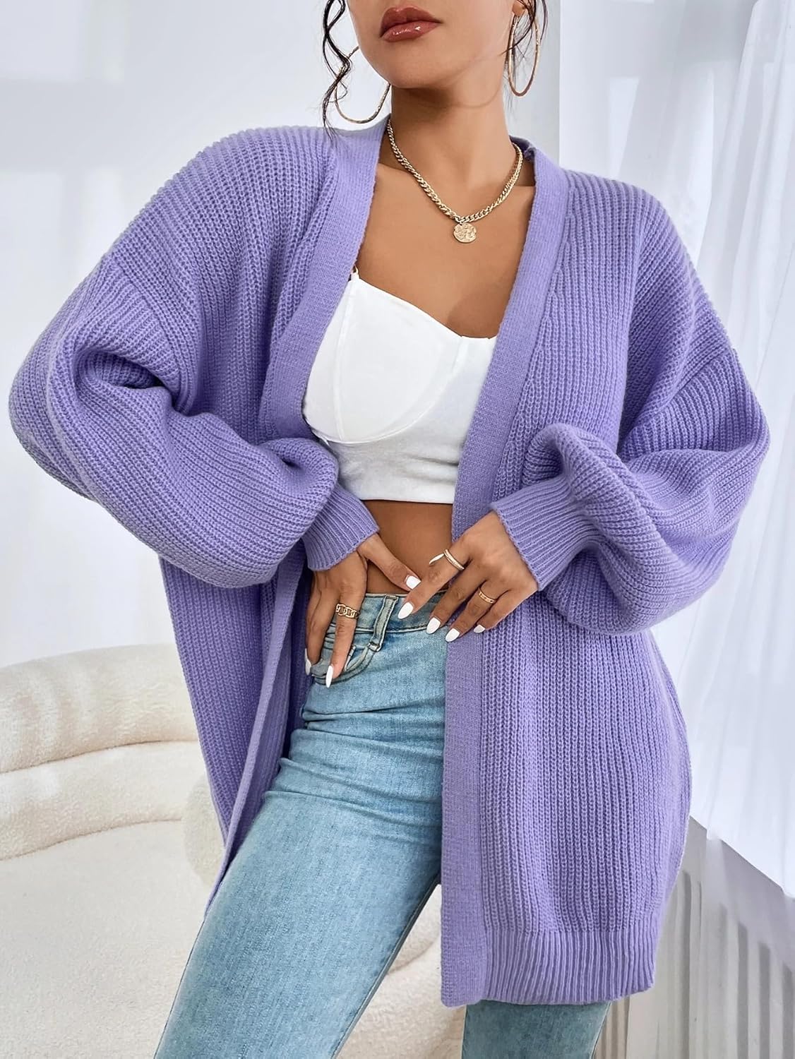 Women's Trench Coat Casual Bishop Sleeve Drop Shoulder Ribbed Knit Cardigan Long Sleeve Classic Overcoat