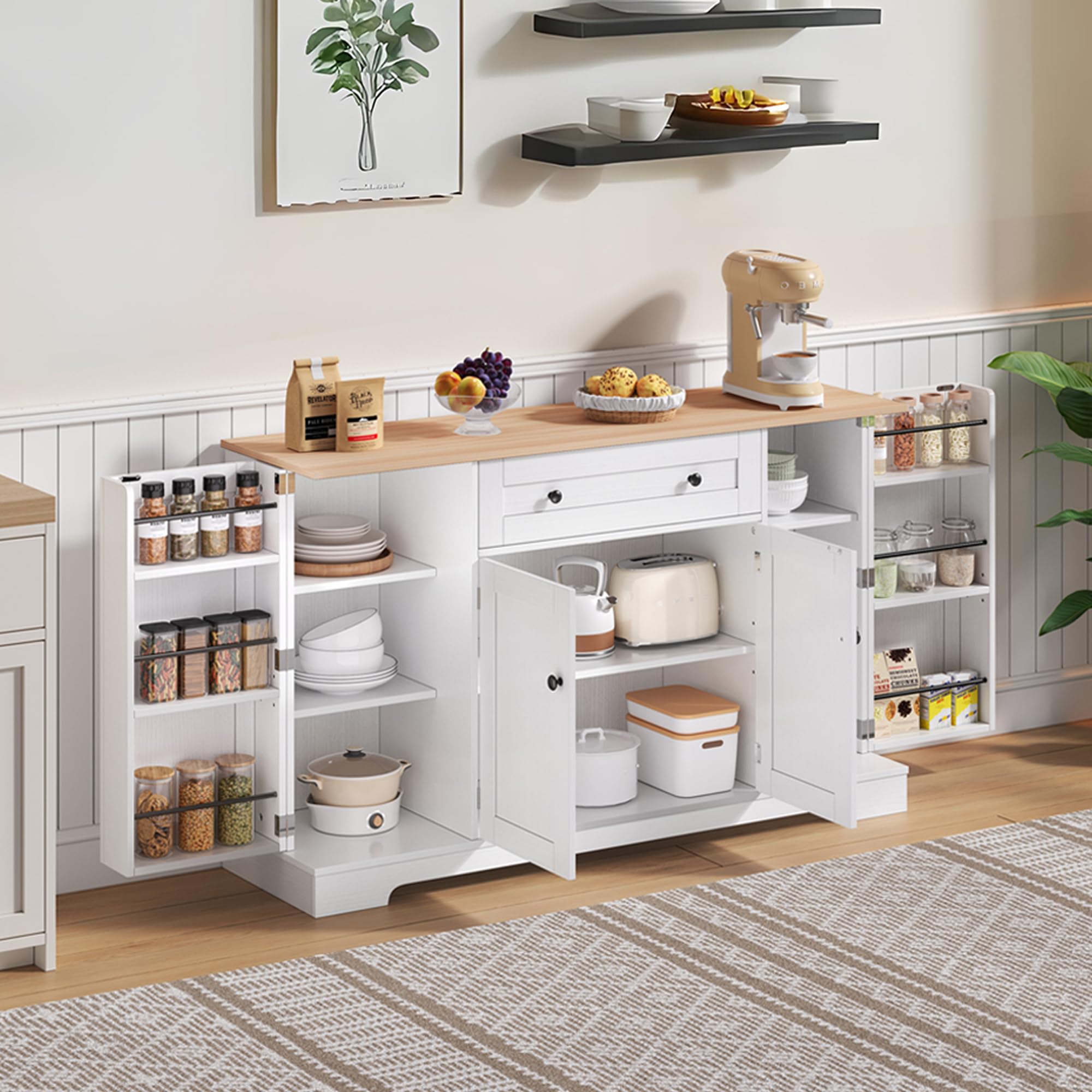 Credenza Cucina, Mobile da Cucina con 4 Ante e 1 Cassetti, Credenza da Sala da Pranzo con Ripiani Regolabili, Mobile Multiuso, Buffet Moderno per Soggiorno con Portaspezie, 138x40x85cm (Legno)