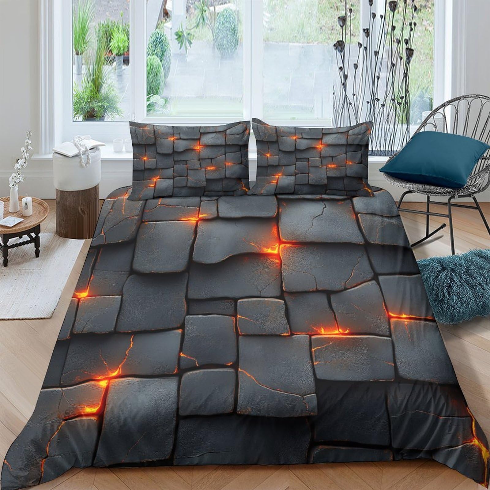 GPLZQXKJNH 3D Printed Lava Stone Duvet Cover Microfiber Soft Breathable Geometric Block Quilt Cover Set with 2 Pillowcases for Bedroom Decor Single（135x200cm）