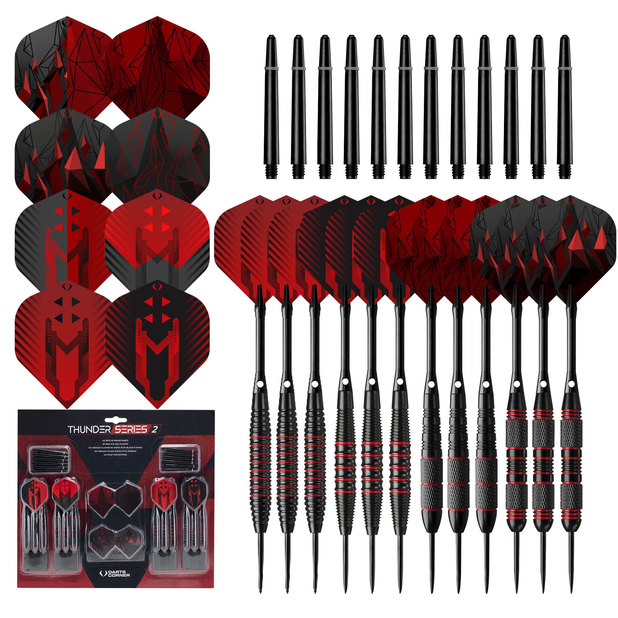 Darts Corner X1069 Thunder | 48 Piece Steel Tip Dart Set with 21g/22g/23g/24g Barrels, Flights and Aluminium Shafts, Series 2, Black/Red