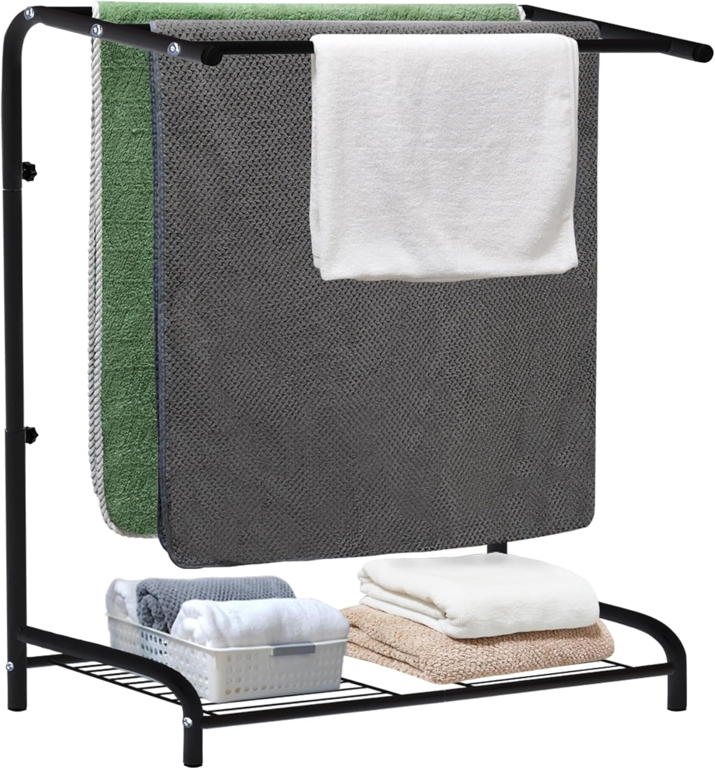 Large Freestanding Towel Rack, 32" L x 37.8" H for Oversized Bath Towels, Adjustable Height, 3-Tier Clothes Drying Holder with Storage Shelf for Bathroom, Aisle, Pool (Black)