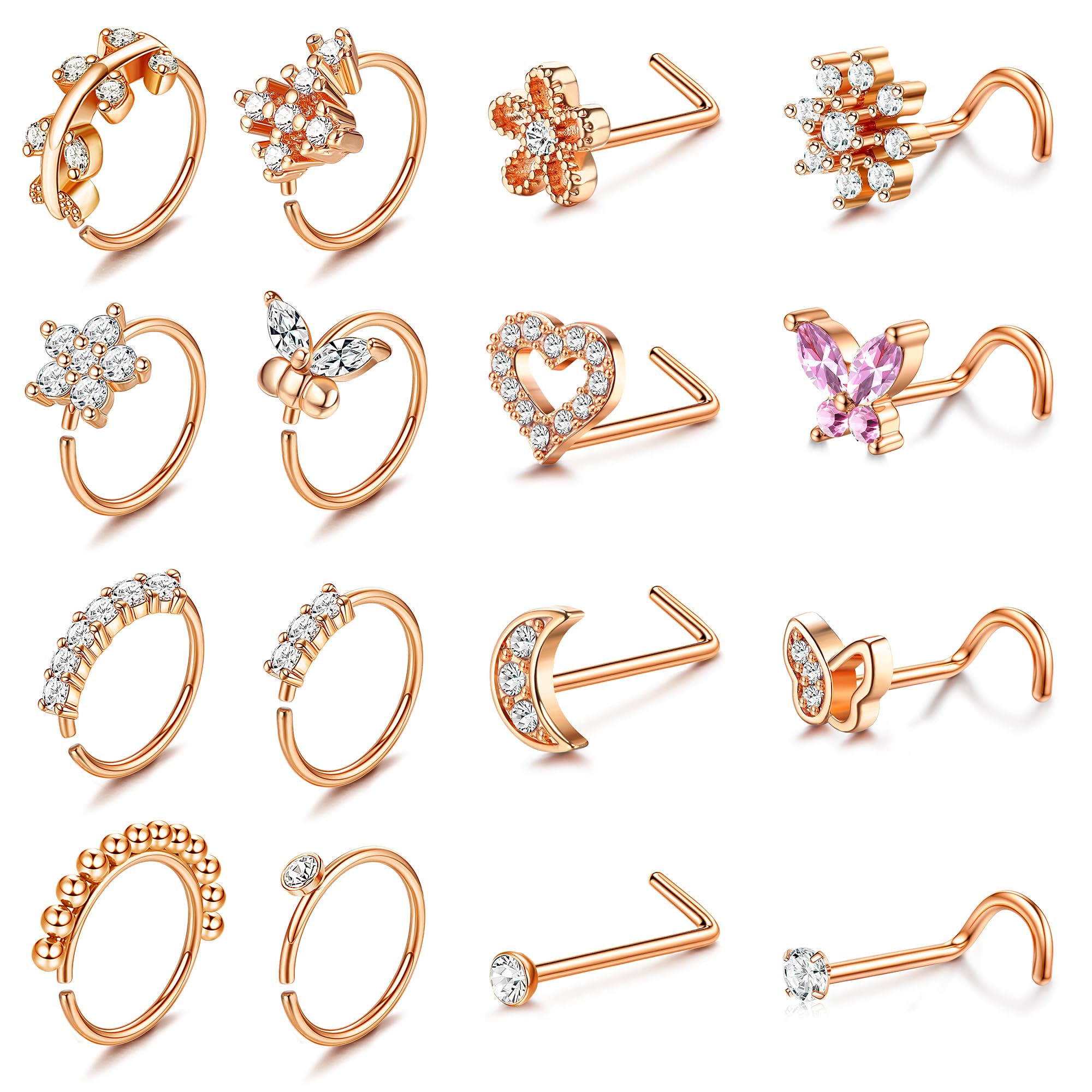 ORAZIO Nose Rings for Women - 14K Gold Filled Hypoallergenic Surgical Steel Nose Ring Hoops 20G Small Cute CZ L Shaped Nose Studs Nostril Piercing