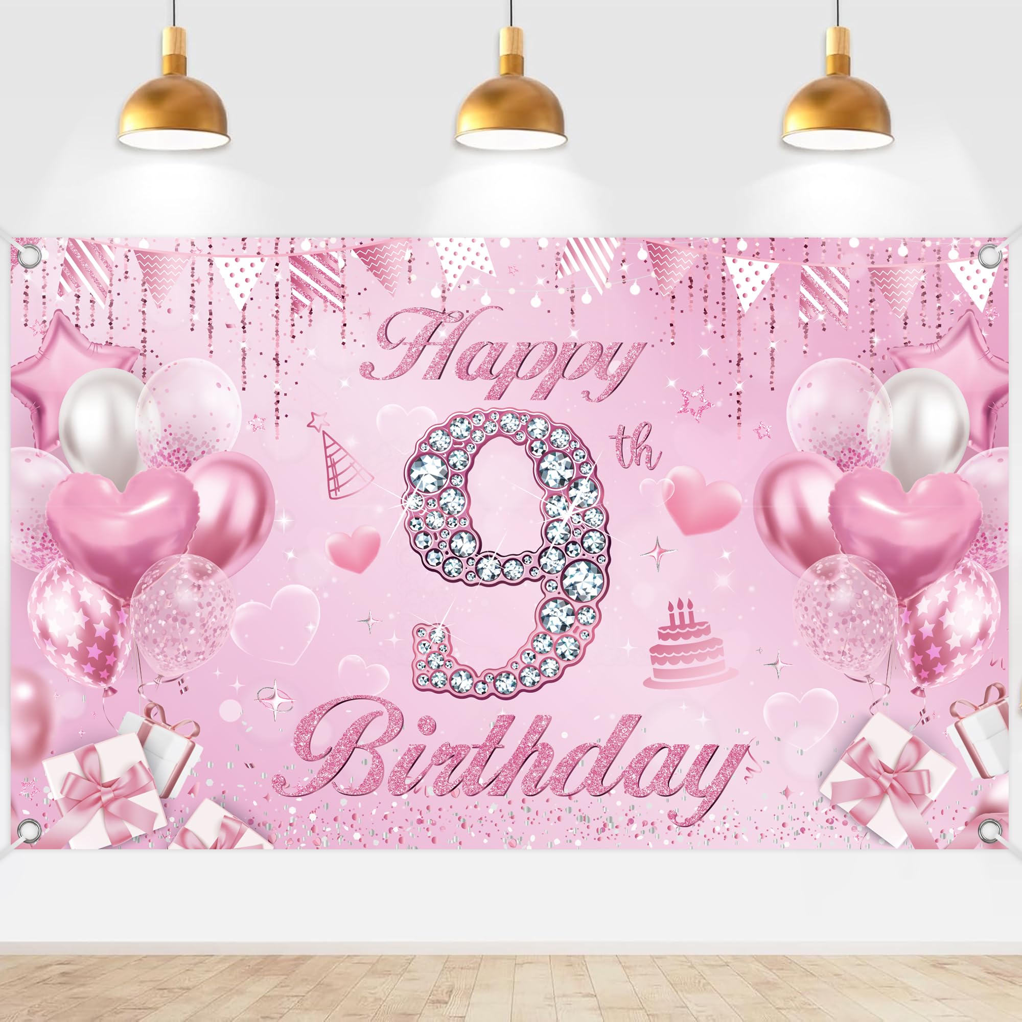 9th Birthday Decorations Banner for Girls, Pink Glitter Birthday Backdrop Banner 190x90cm, Princess Party Background for 9 Year Old Girl Birthday Party