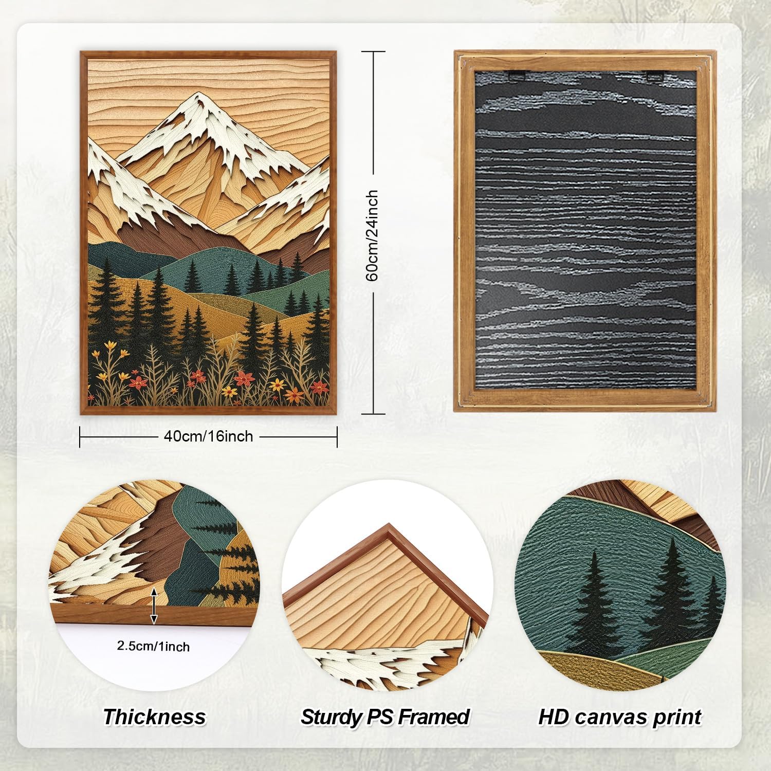 LHIUEM Vintage Woodcut Mountain Framed Canvas Wall Art,Forest Pine Tree Boho Wall Decor,Wilderness Sunset Landscape Artwork for Living Room,Bedroom,Dining Room,Office -16"x24"x3