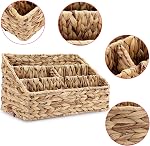 BTSKY Handwoven Water Hyacinth Desk Organizer, 4 compartments Desktop Mail Organizer, Woven Countertop Accessories Organizer for Office Supplies, Stationery Supplies, Makeup