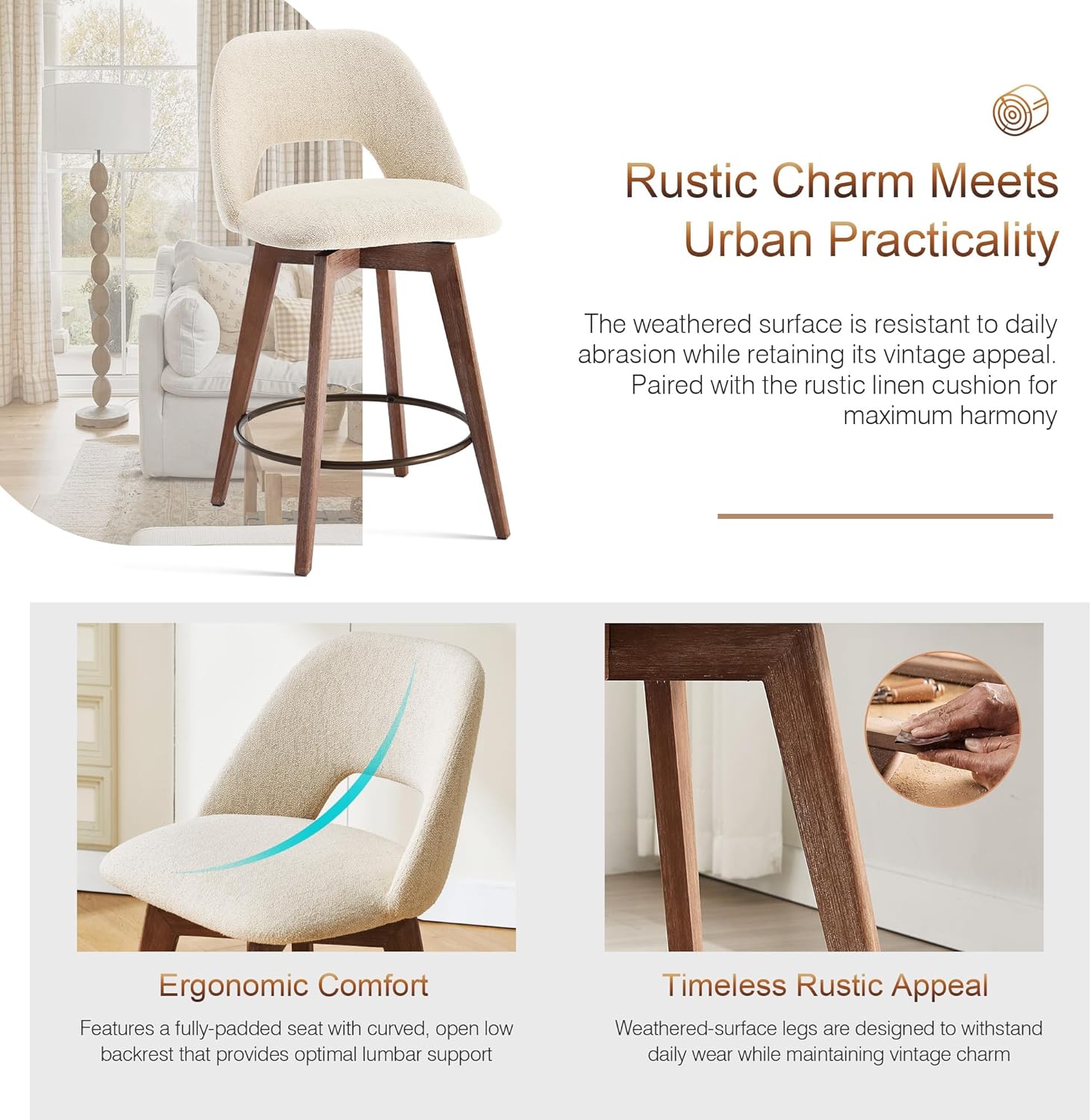 Zesthouse Swivel Wooden Bar Stools Set of 4, 26" Modern Counter Height Stools with Back & Solid Wood Legs, Upholstered Beige Linen Barstools Counter Height, Mid Century High Chairs for Kitchen Island