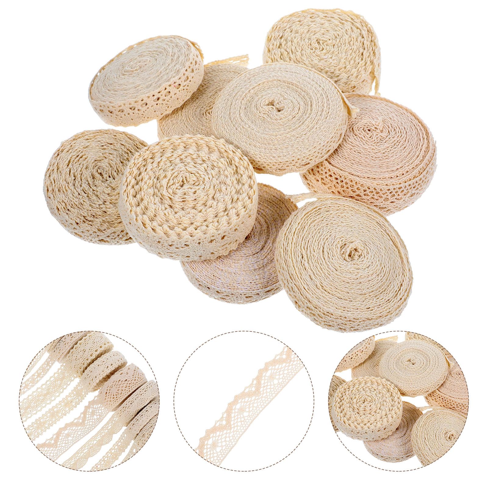 9 Rollos de Encaje de Algodón y Estilo Elegante Beige Textura Varios estilos para Costura y para Cortinas y Muñecas Varios estilos