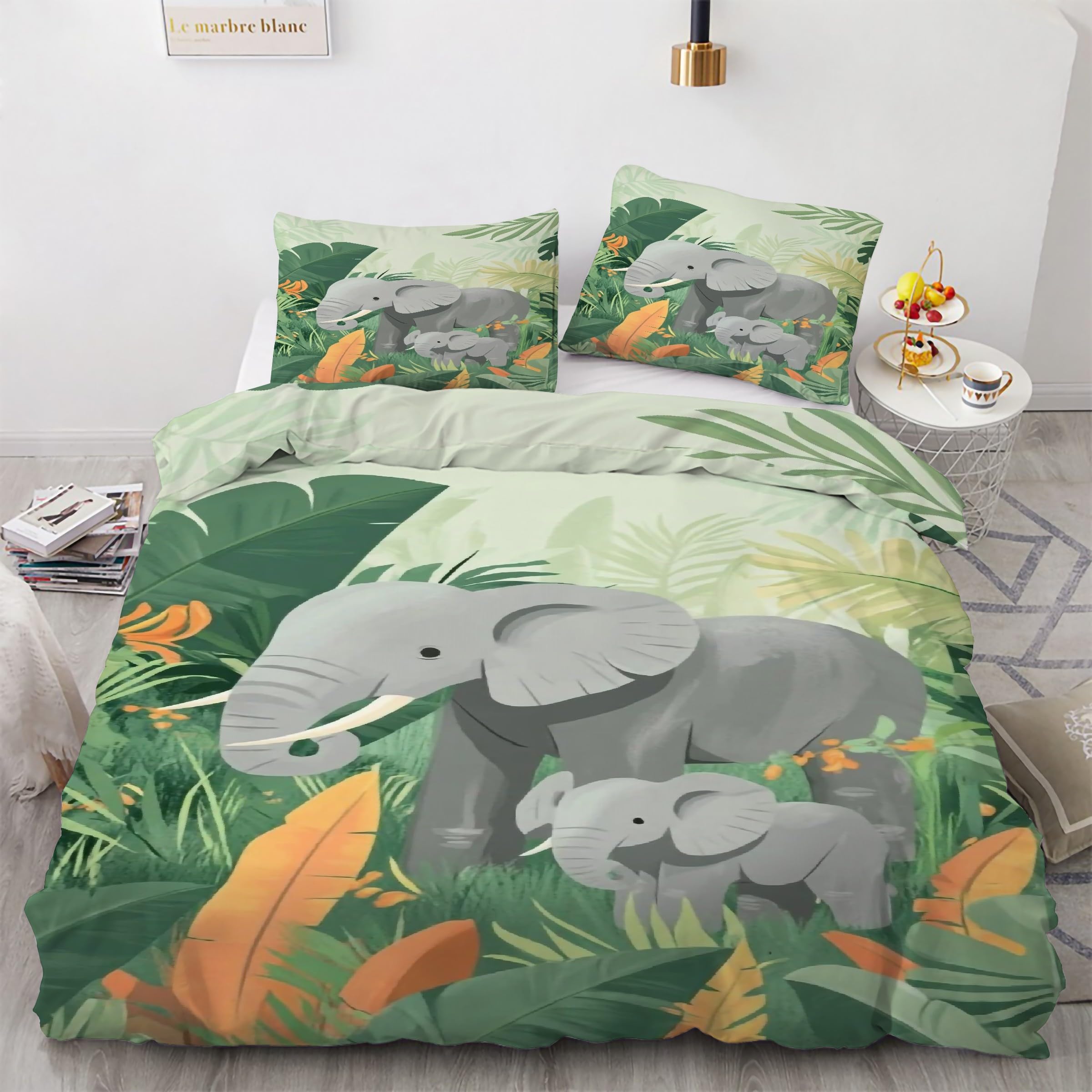Housse de Couette 200x200 Motif éLéPhant et Feuille pour une Chambre Nature et Chaleureuse