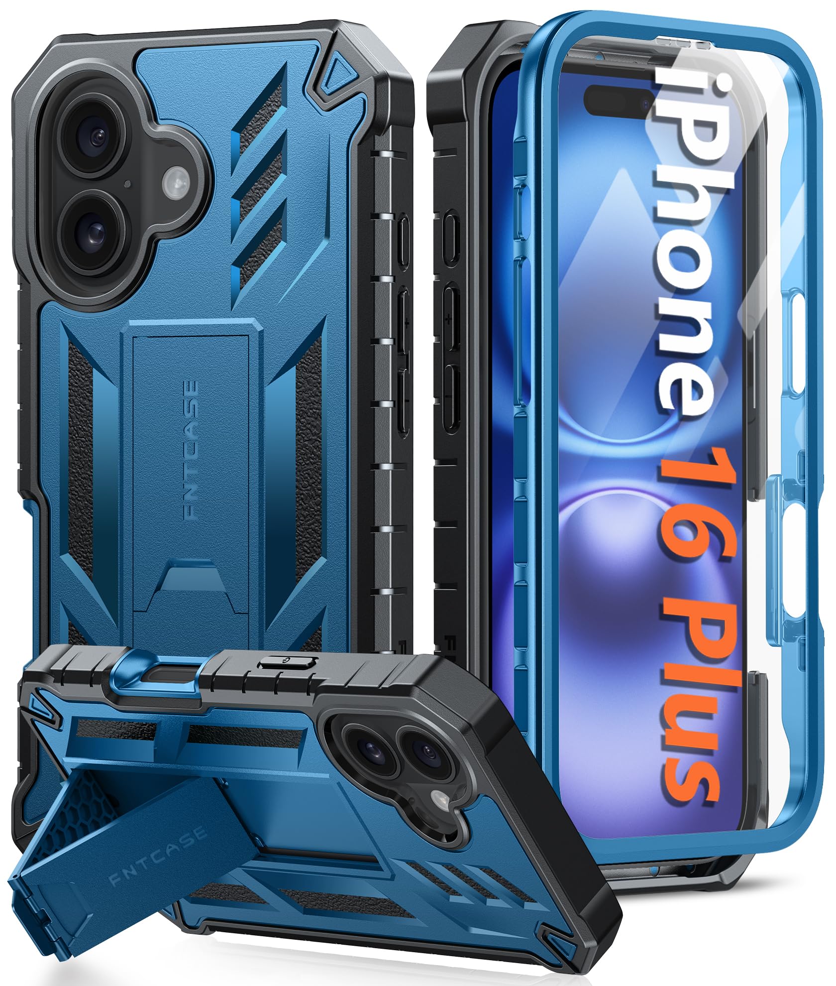 FNTCASE for iPhone 16 Plus Case with Built-in Screen Protector, Kickstand