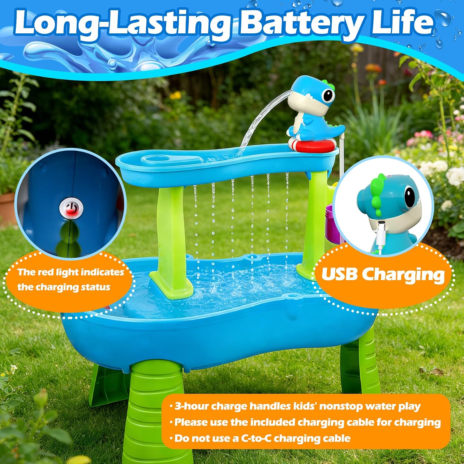 Dinosaur Water Table Pump Continuous Flow – Rechargeable Battery Powered Water Pump for Water Table Accessories – Summer Outdoor Water Play Toys (Blue)
