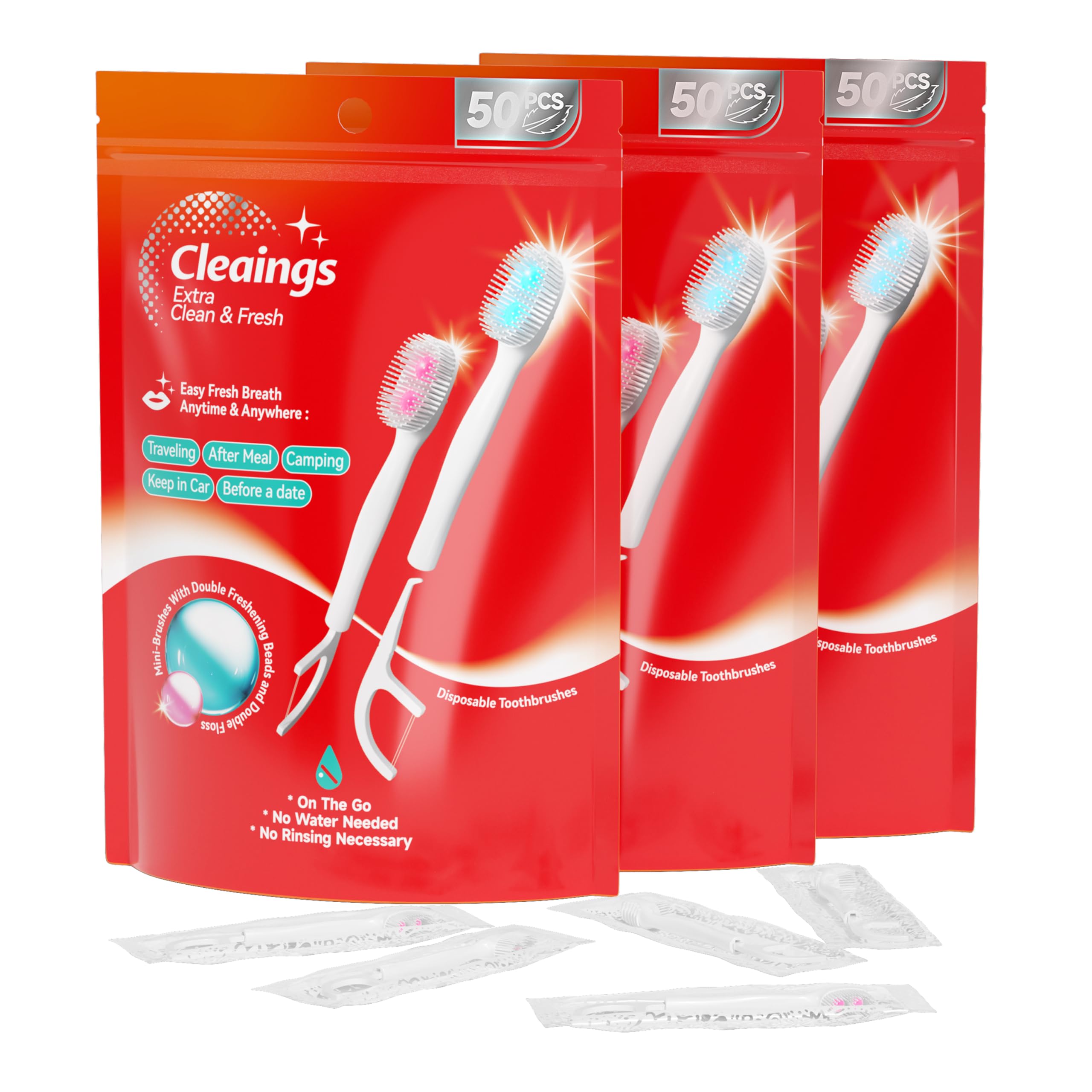 cleaings® Disposable Toothbrushes with Double Cleaning Beads Toothpaste and Clean Floss Picks for Work or Travel - 50 pcs-Ice Peach Flavor(Pack of 3)