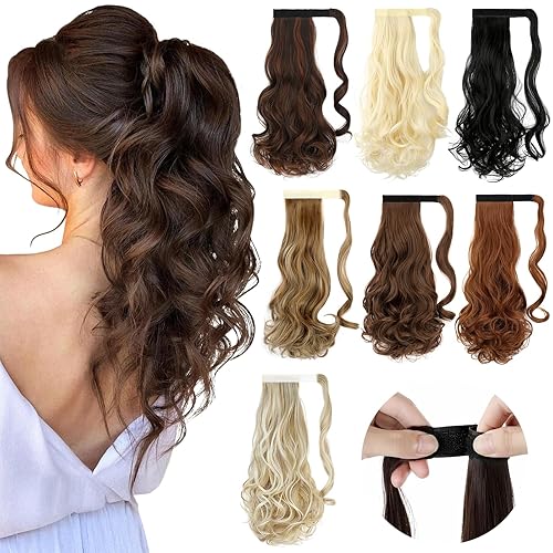 FELENDY 18" Ponytail Extension Curly Wavy Clip in Hairpiece Wrap Around Long Pony Tails Hair Extensions Synthetic for Women Dark Brown Mix Light Auburn
