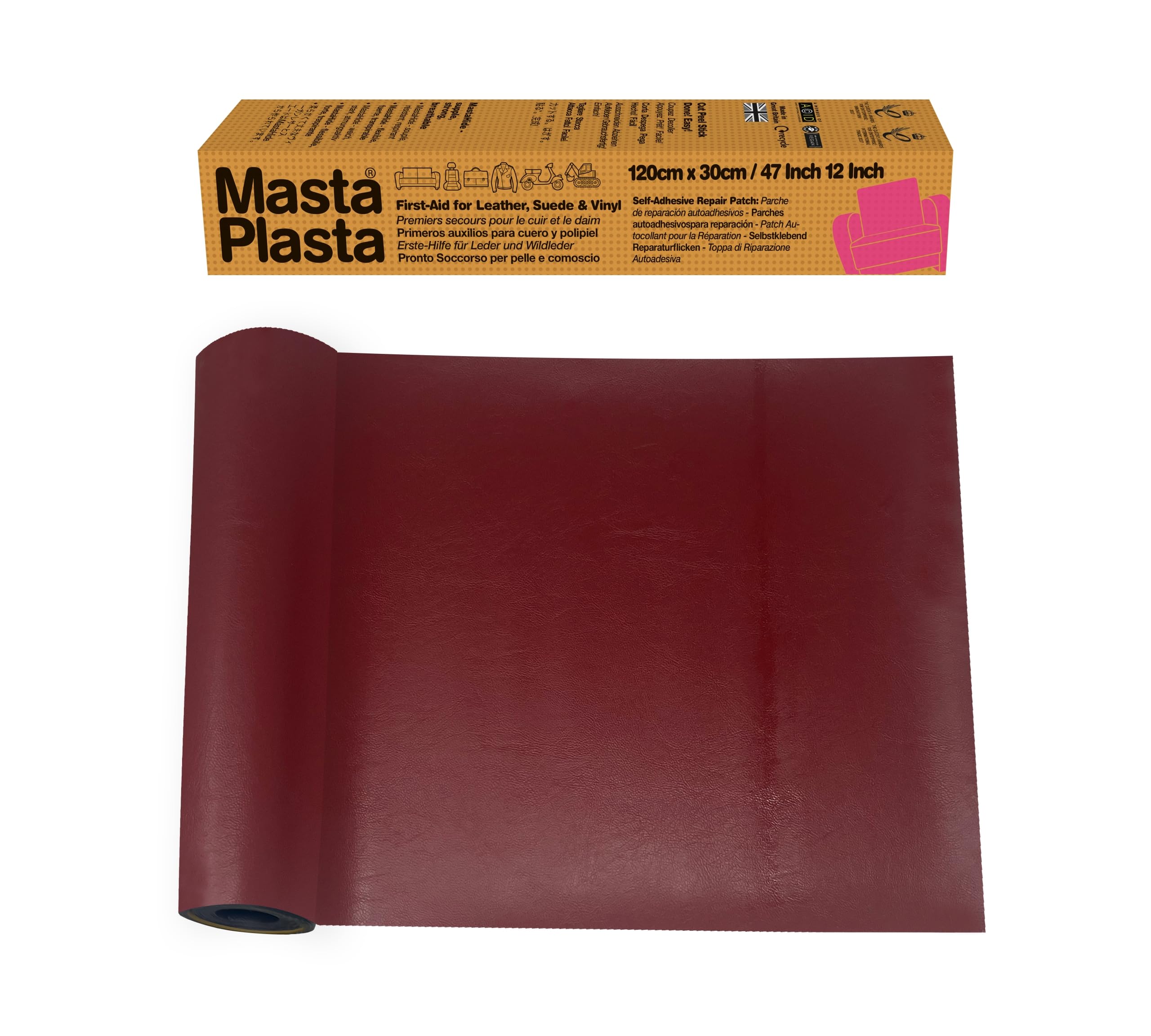 The Original All-in-One Leather Repair Kit by MastaPlasta. Self Adhesive Leather Repair Patch for Sofas - Red 120 x 30cm (47 x 12in). Easy Upholstery-Quality Leather Repair for Car Seats & DIY