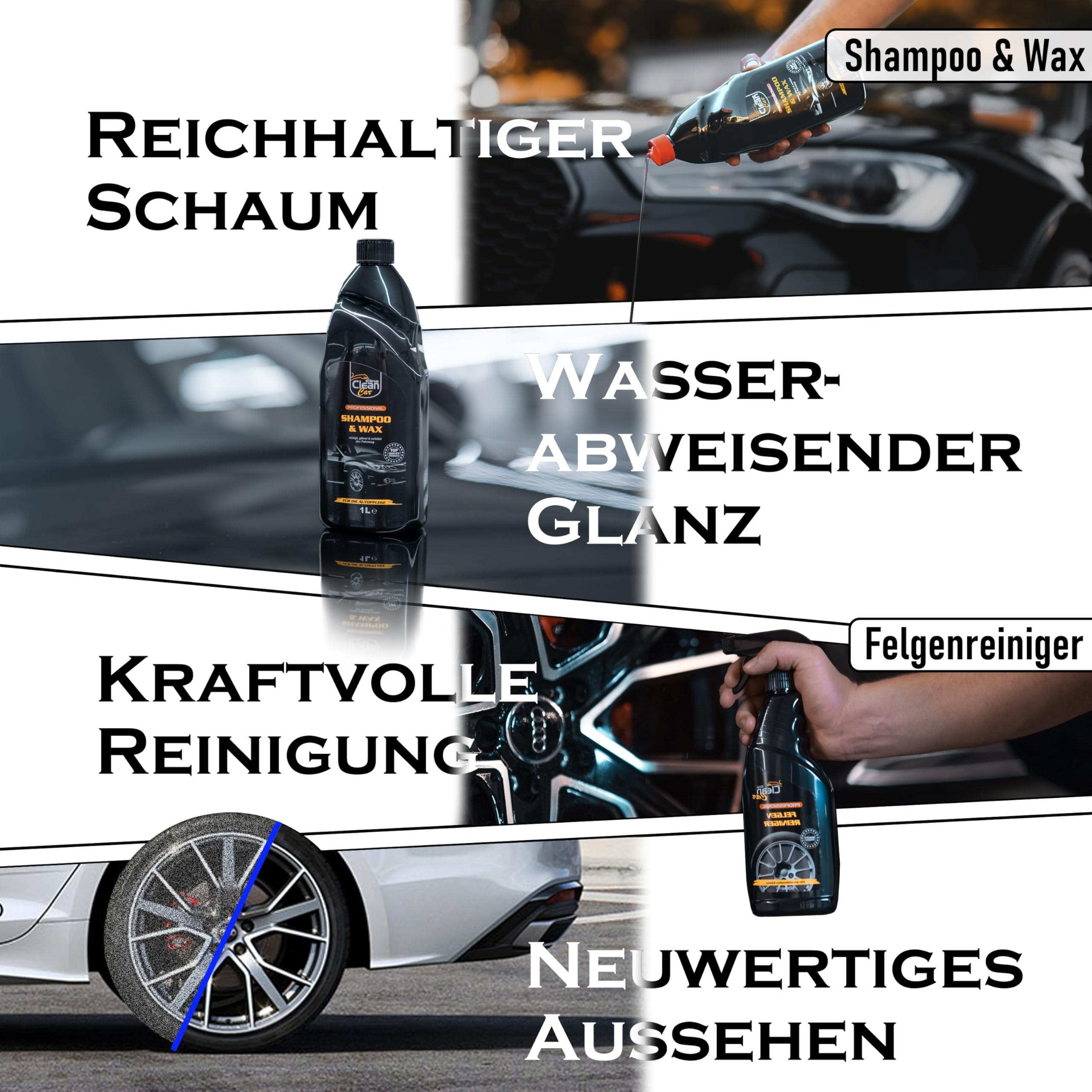 Auto Reinigungsset - und Pflegeset : für den Fahrzeug-Außenbereich und Innenbereich (Autolack, Felgen und mehr - für Innen- und Außenraum) (Komplett-Set)