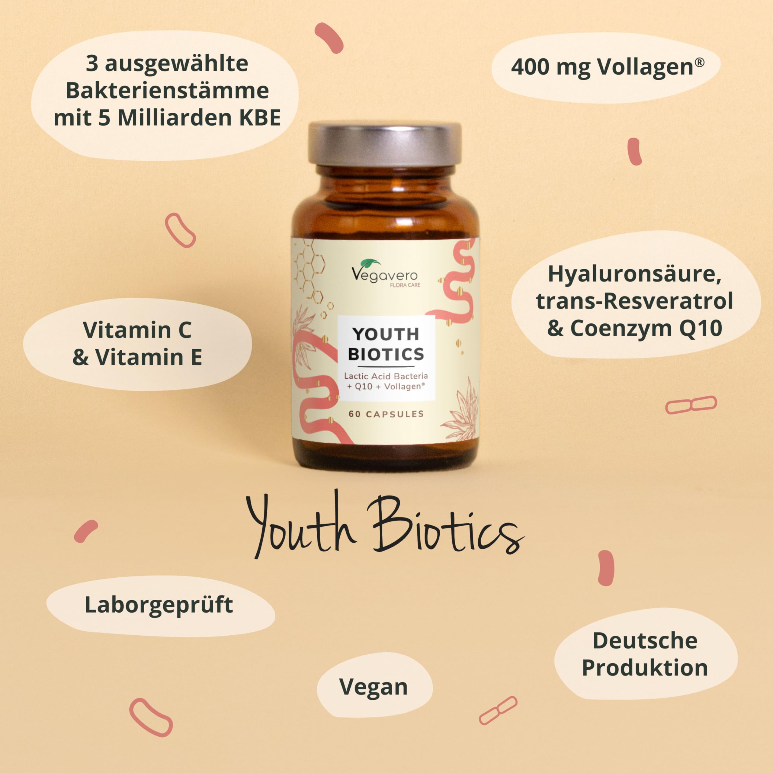 Youth Biotics Kapseln | Veganer Anti-Aging Komplex | Mit Vollagen, Hyaluronsäure & Bakterienstämmen | Magensaftresistent | 60 Stück | Deutsche Produktion von Vegavero