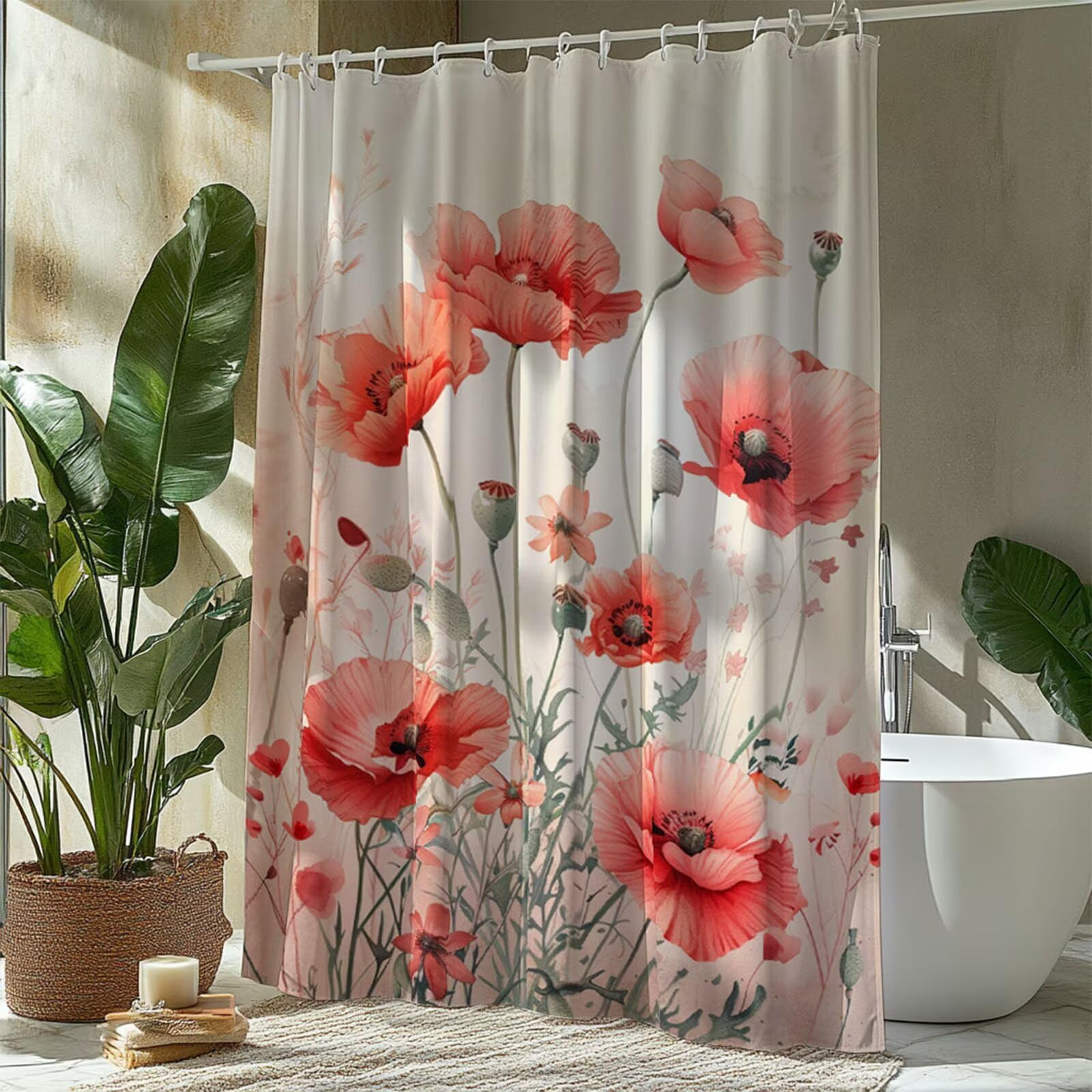 Duschvorhang Überlänge 200x240cm,Rosa Duschvorhänge Waschbar, Mohn Duschvorhang mit Gewicht, Wasserabweisend Stoff Shower Curtains, mit 12 Plastik Duschvorhangringen für Badewanne und Bad Deko GJ-695
