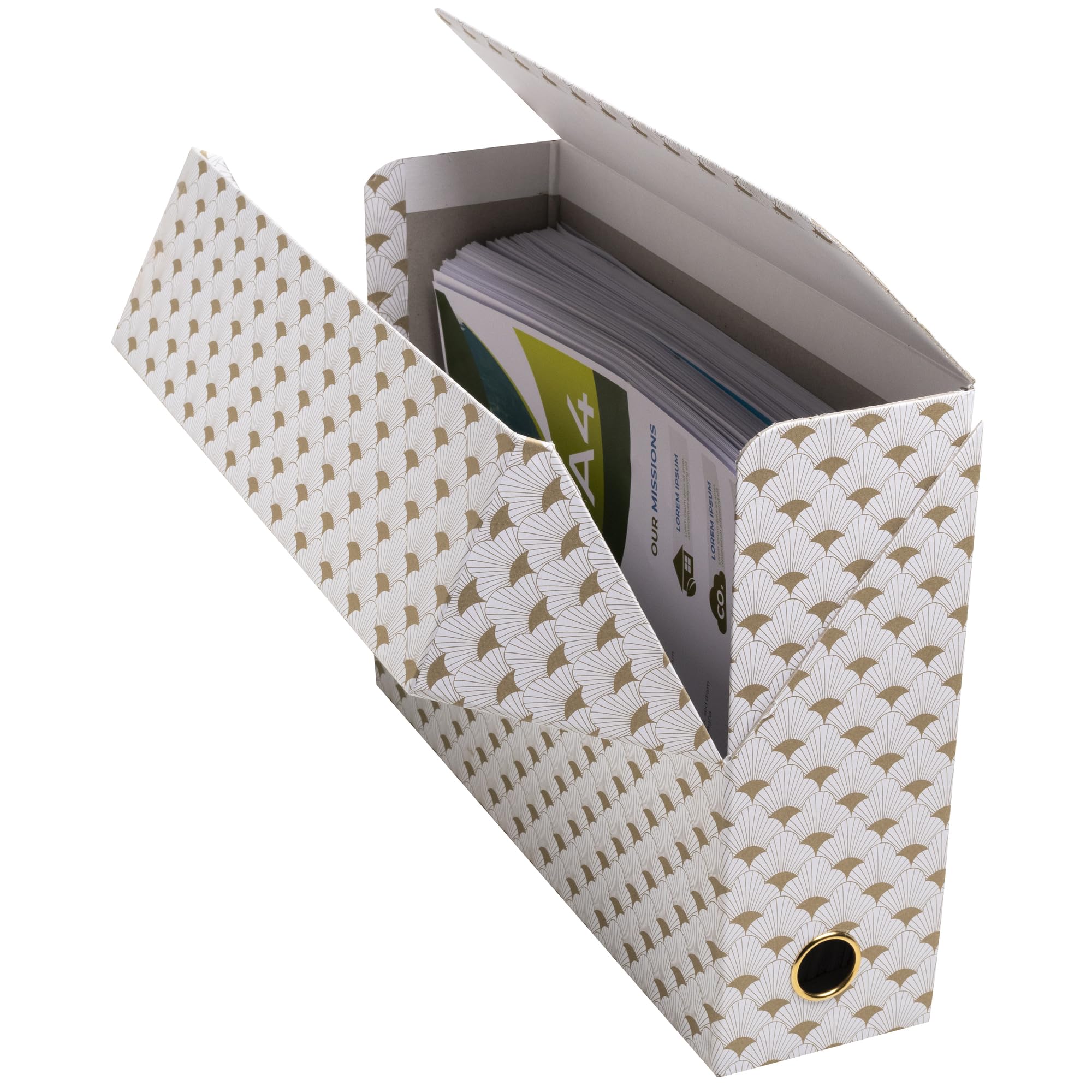 Exacompta - Rif. 89450E - 1 scatola di trasferimento Neo Déco, dorso 90 mm, occhiello di presa in oro, dimensioni 25,5 x 9 x 34 cm, etichetta adesiva inclusa, colori casuali, consegnata montata
