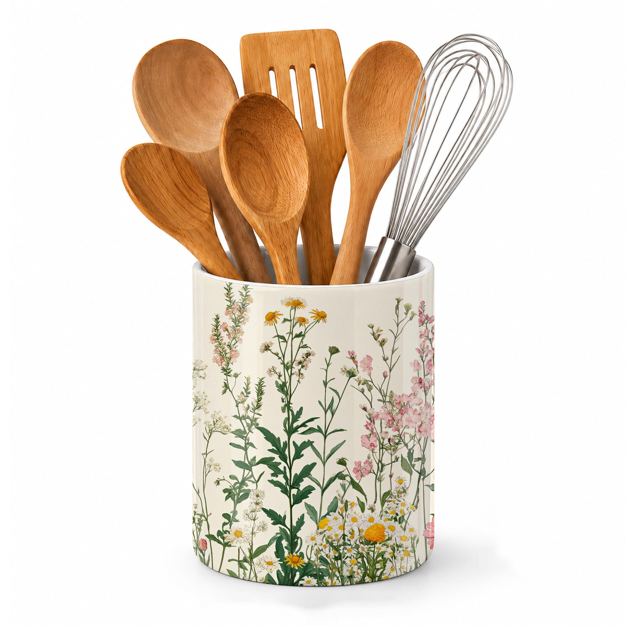 Axxitude Wildflowers Vintage Herb Flower Wildflowers Kitchen Utensil Holder,Vintage Herb Flower Large Ceramic Utensil Crock For Countertop,Cooking Utensil Organizer For Spatulas,Spoons