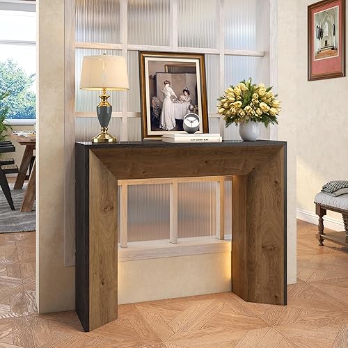 Miniatura 6 de Mesa consola de granja con luz LED, mesa de entrada rústica de 41 pulgadas con almacenamiento para entrada, pasillo, mesa de sofá industrial detrás