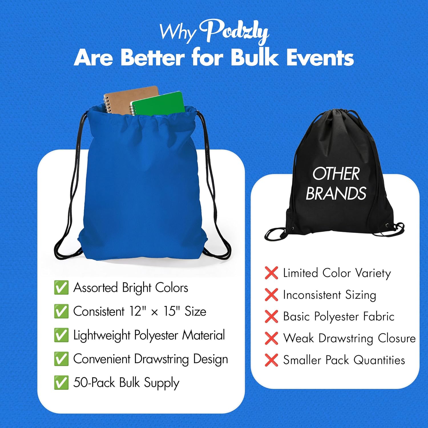 Podzly Bulk Drawstring Backpacks 50 Pack – 12" x 15" Washable Polyester Drawstring Bags – Lightweight Cinch Bags for School, Kids, Giveaways, Trade Shows, Events Benefit Walk – Assorted Bright Colors