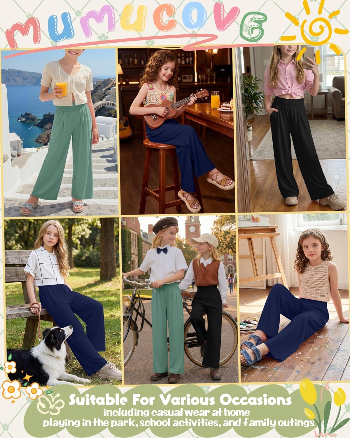 3 Pack Girls Flowy Wide Leg Pants Summer Lightweight Pants High Elastic Waist Loose Uniform Trousers for 5-14y Kids