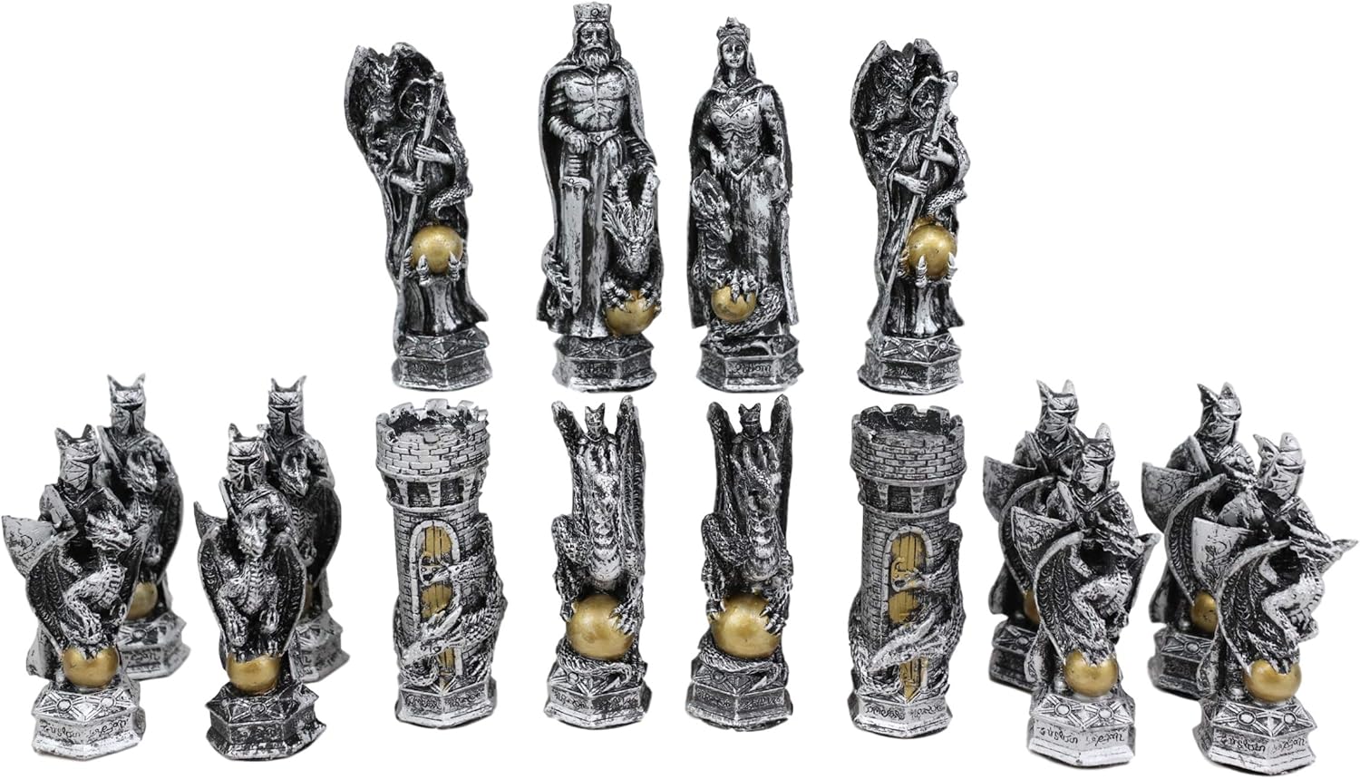 Ebros Gift Silver and Gold Painted Legend of King Arthur Pendagron Merlin Mordred Dragons and Magic Felted Base Resin Chess Pieces with 15" by 15" Frosted Glass Board Set Gaming Board Game Collection