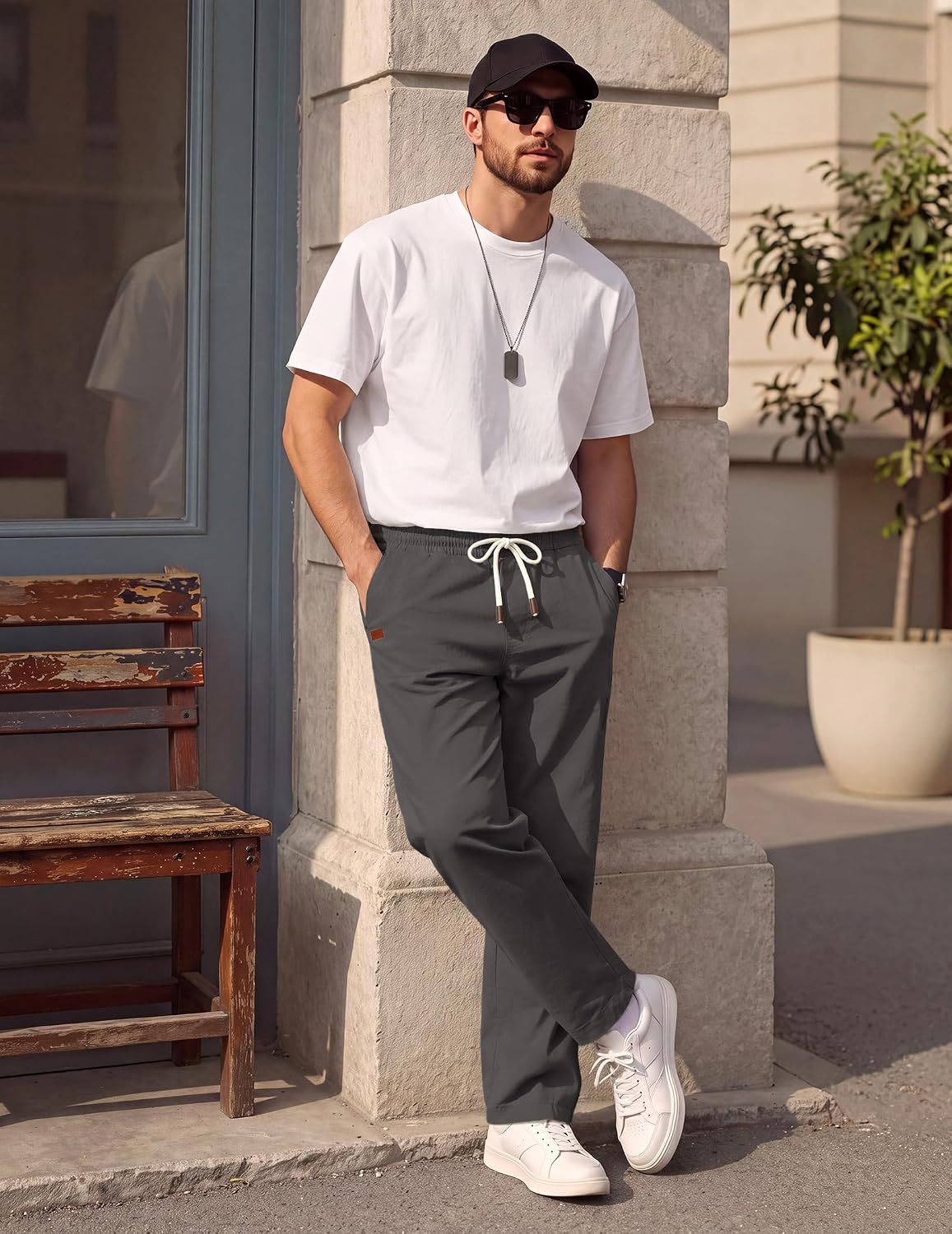 COOFANDY Mens Casual Pants Elastic Waist Drawstring Chino Pant Cotton Twill Stretch Slacks with Pocket