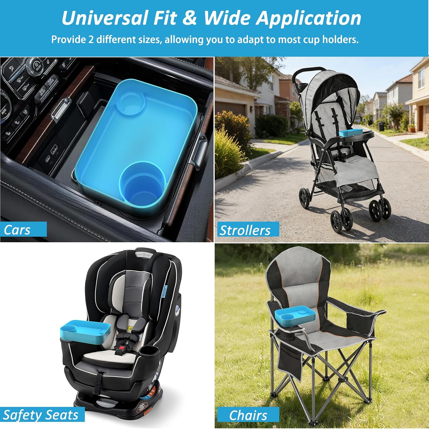 2PCS Kids Car Travel Tray Square for Kids Car Seat Snacks Trays, Car Seat Tray with Cup Holders for Toddler, Stroller, Tesla Travel Must Have (Gray&Blue)