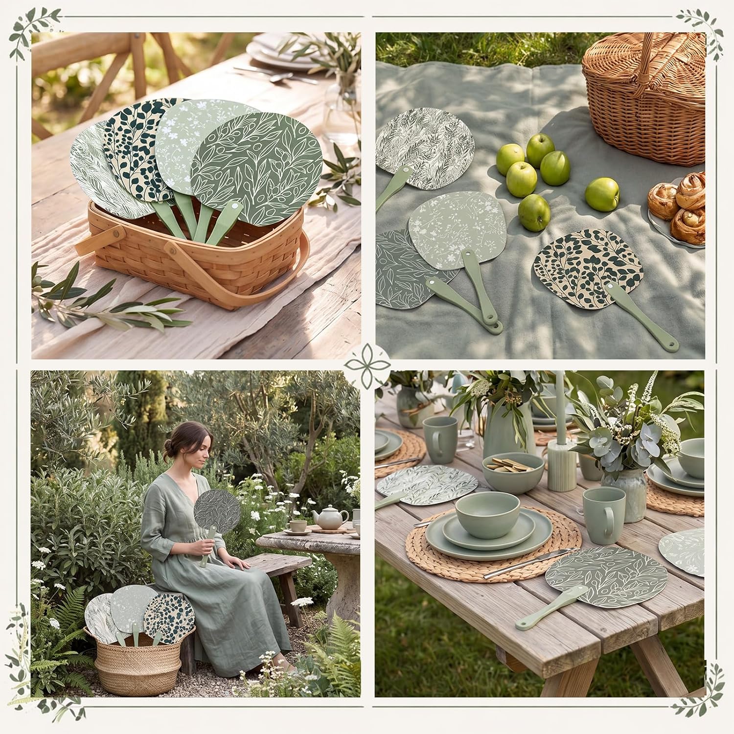 Briwooody 36 Pcs Sage Green Wedding Hand Fans for Guests Bulk Plastic Vintage Green Floral Leaves Handheld Fans for Summer Wedding Bridal Shower Party Favors