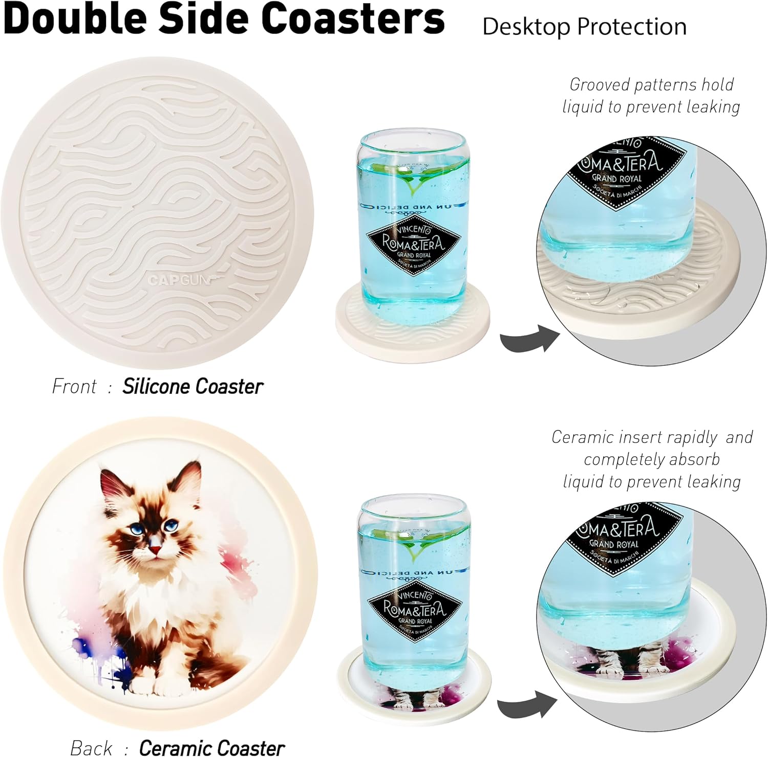 6-Pack Silicone Drink Coasters with Ceramic Insert - Double-Sided Non-Slip Cat Pattern Coaster Set for Hot/Cold Beverages, Includes Deep Tray Holder (Pet Lover Gift) (cat) - Image 6