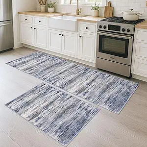 KOZYFLY Modern Abstract Area Rugs 2PCS 2x3 and 2x6 Blue-Grey Machine Washable Runner Rug Non-Slip Living Room Rug, Faux Wool Soft Low Pile Office Carpet for Hallway Entryway Bathroom Bedroom