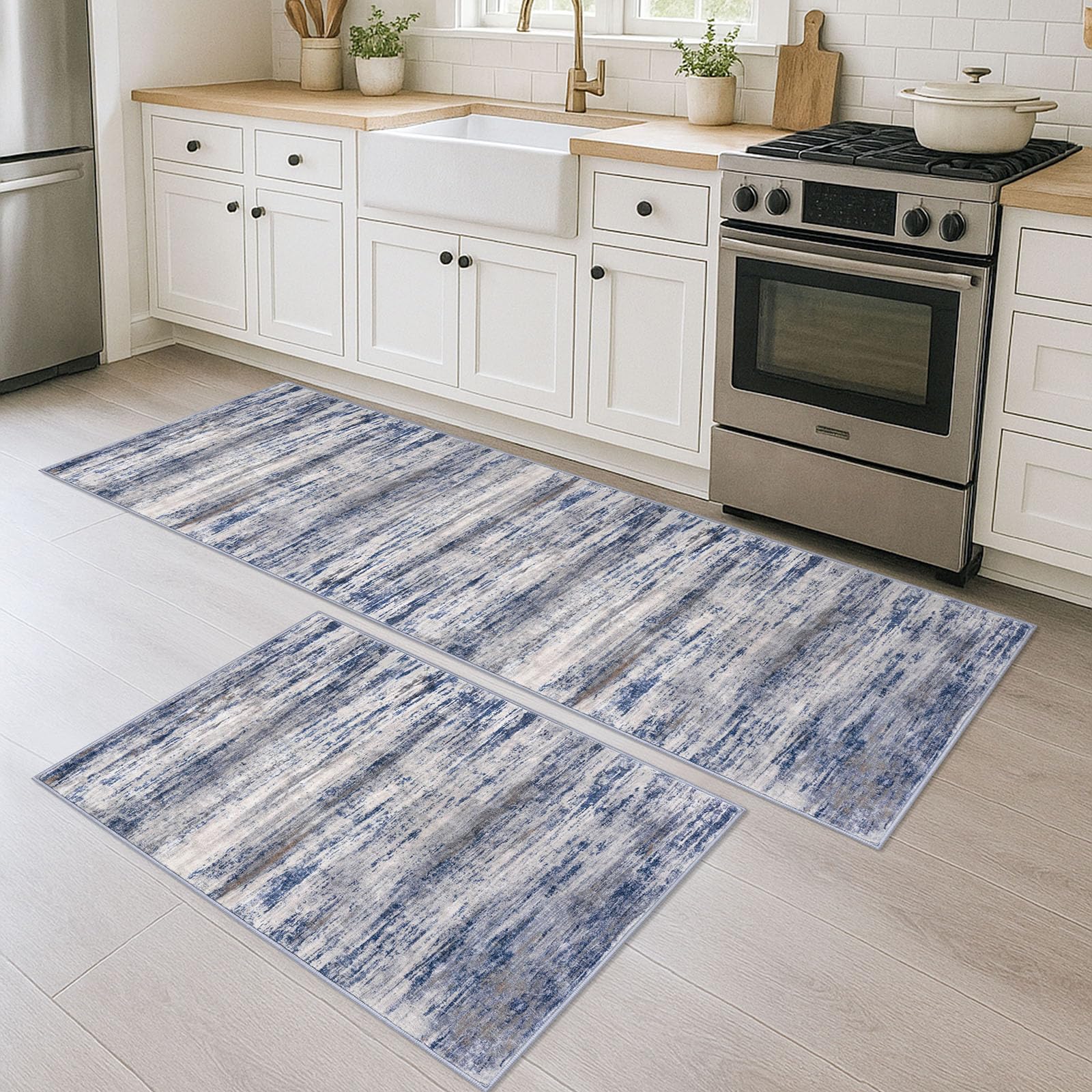 KOZYFLY Modern Abstract Area Rugs 2PCS 2x3 and 2x6 Blue-Grey Machine Washable Runner Rug Non-Slip Living Room Rug, Faux Wool Soft Low Pile Office Carpet for Hallway Entryway Bathroom Bedroom — image 1